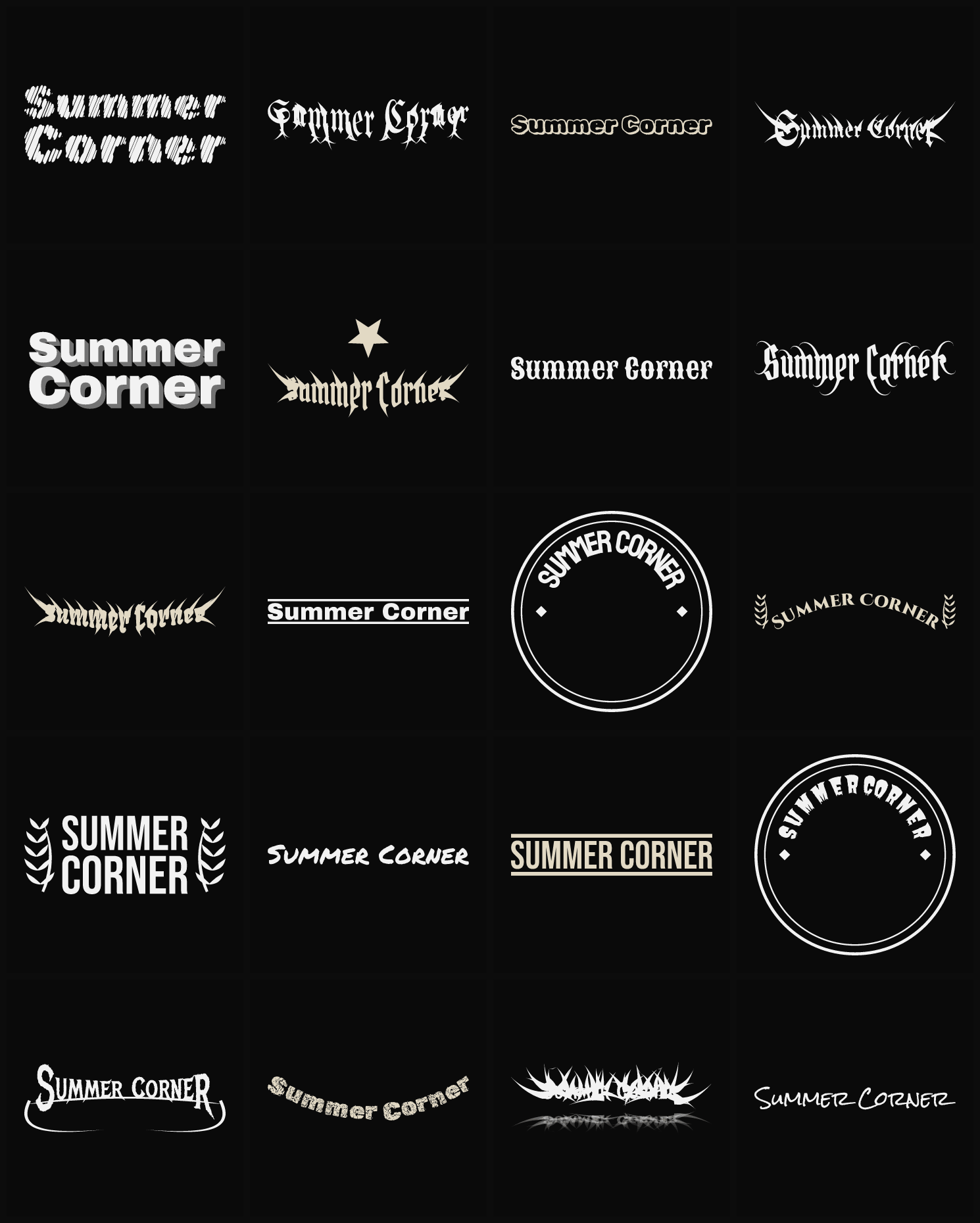 Twenty Summer Corner band logo ideas — different faces, treatments and spike settings