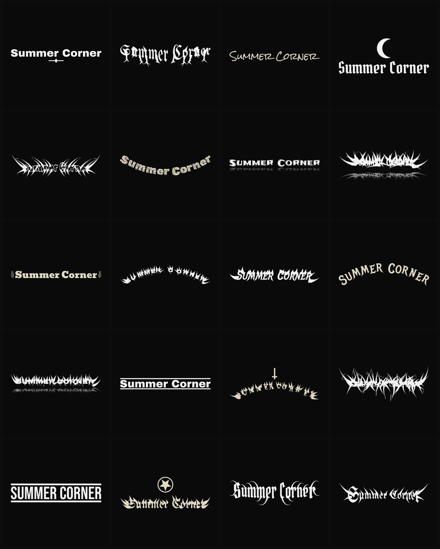 Twenty Summer Corner band logo ideas — different faces, treatments and spike settings