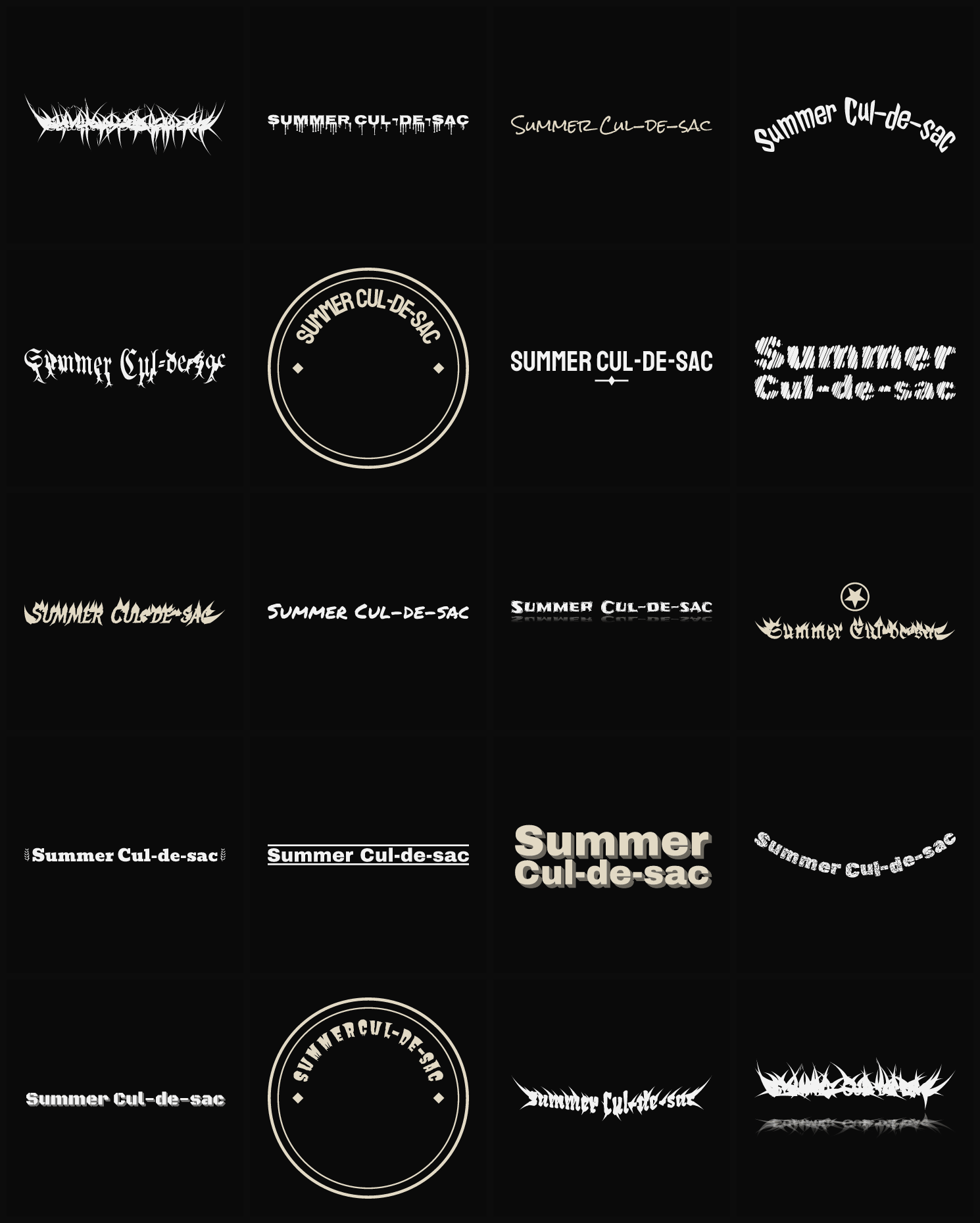 Twenty Summer Cul-de-sac band logo ideas — different faces, treatments and spike settings