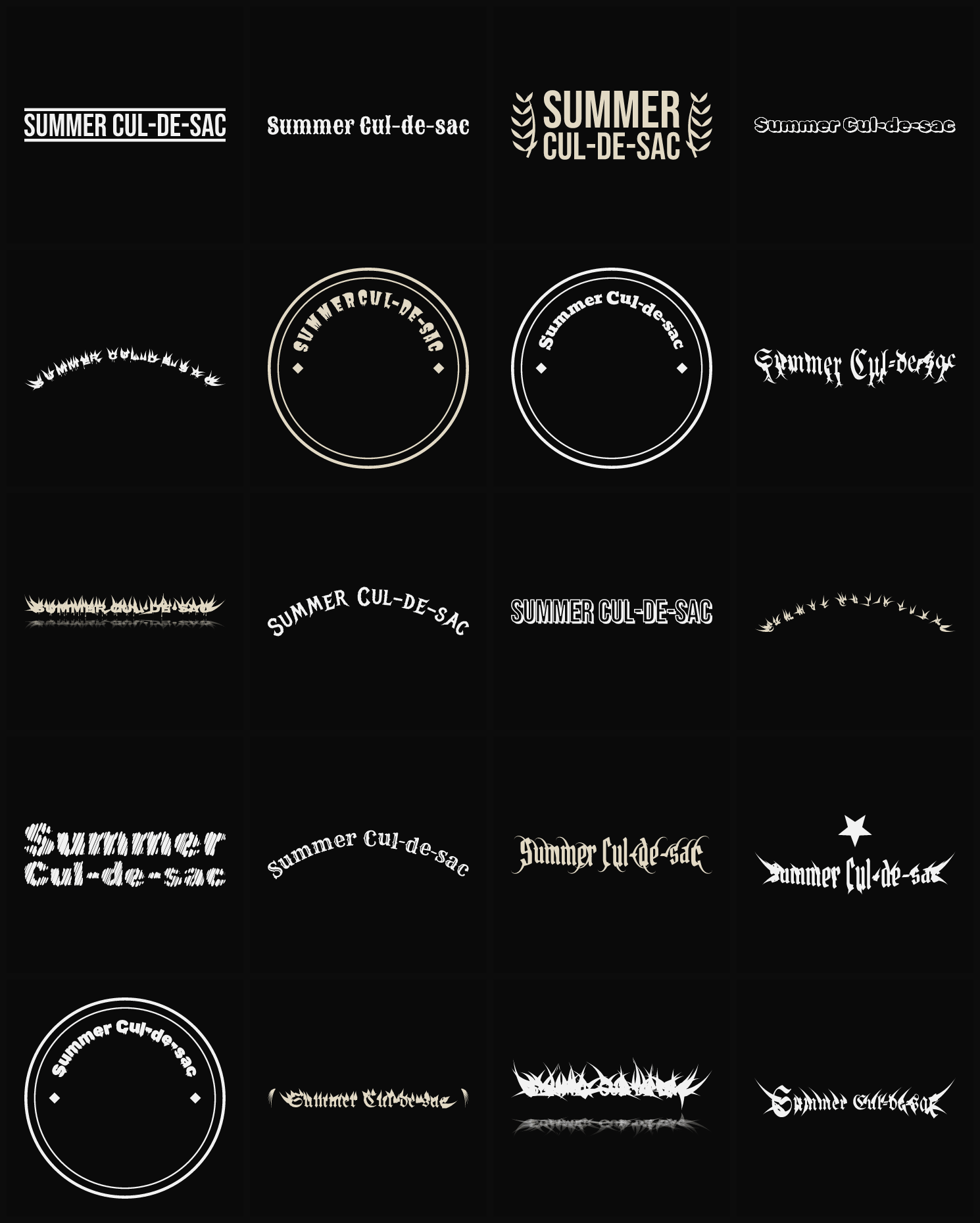 Twenty Summer Cul-de-sac band logo ideas — different faces, treatments and spike settings