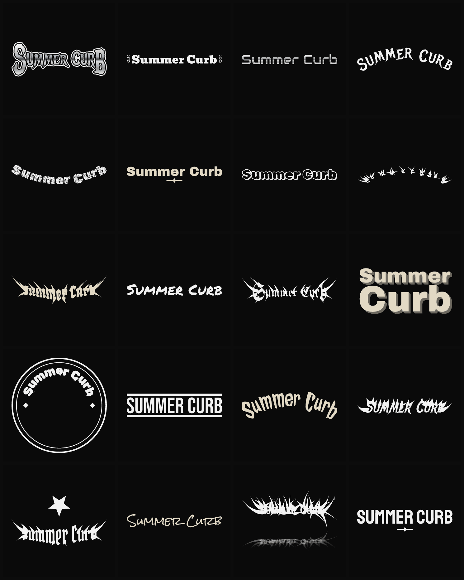 Twenty Summer Curb band logo ideas — different faces, treatments and spike settings