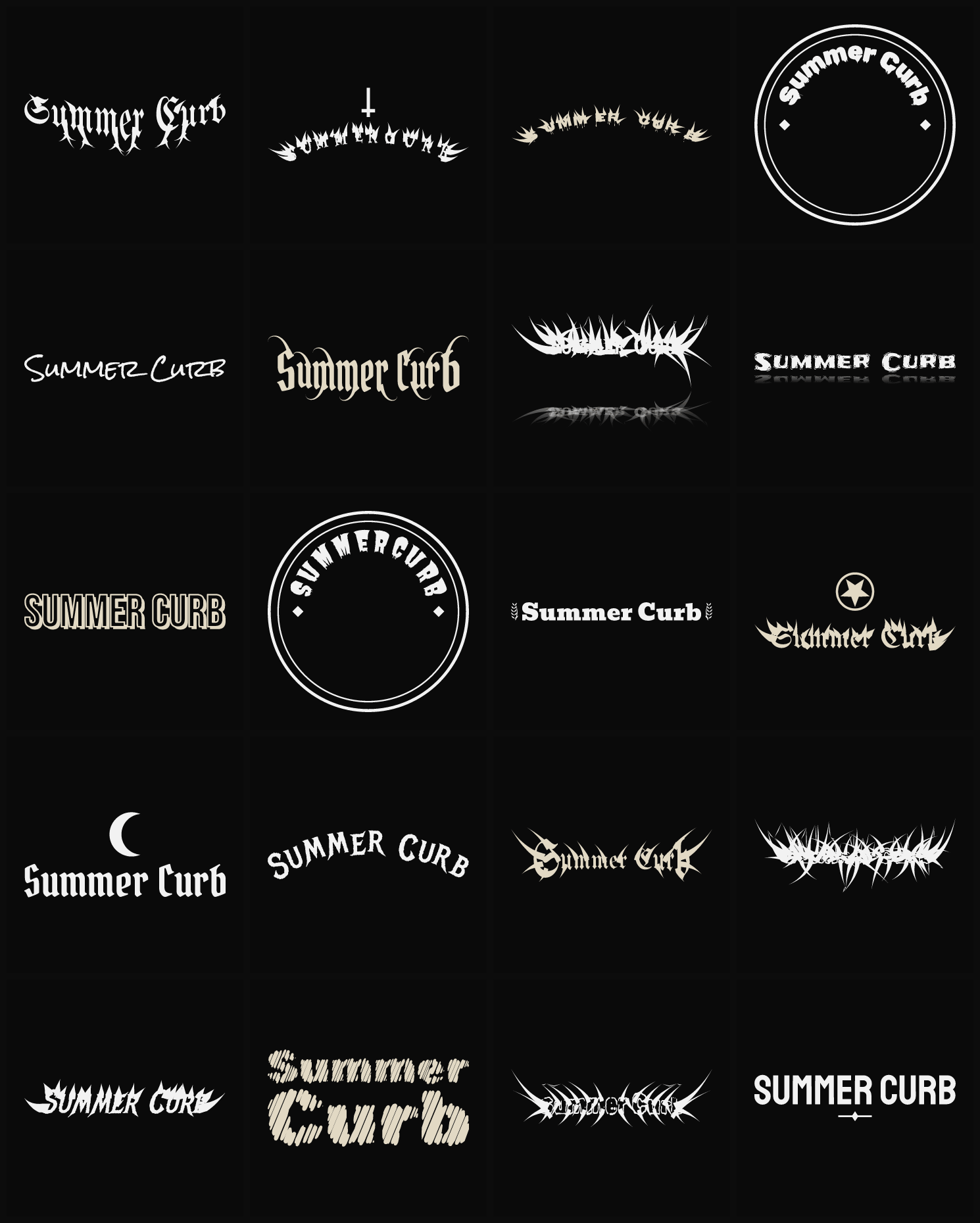Twenty Summer Curb band logo ideas — different faces, treatments and spike settings
