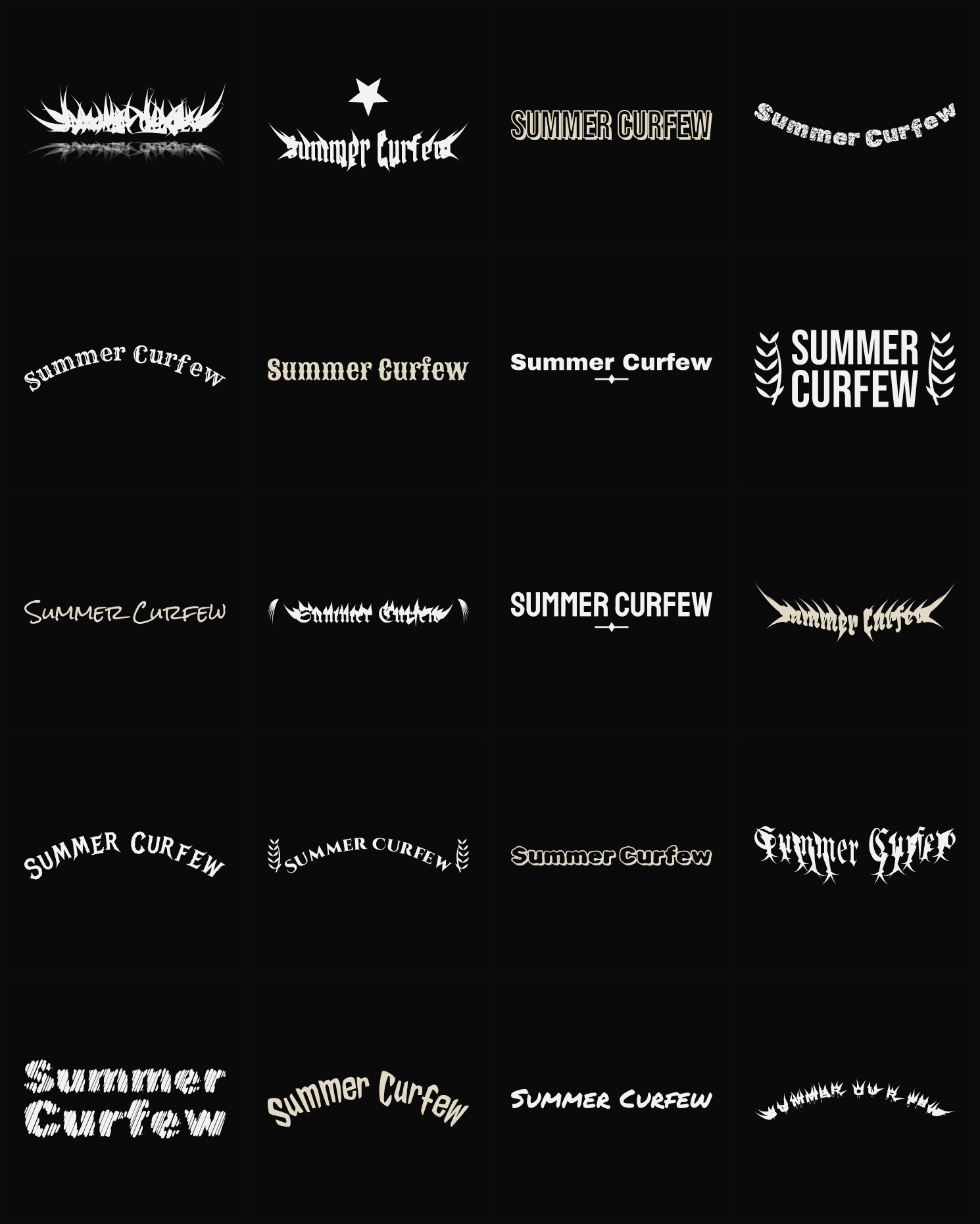 Twenty Summer Curfew band logo ideas — different faces, treatments and spike settings