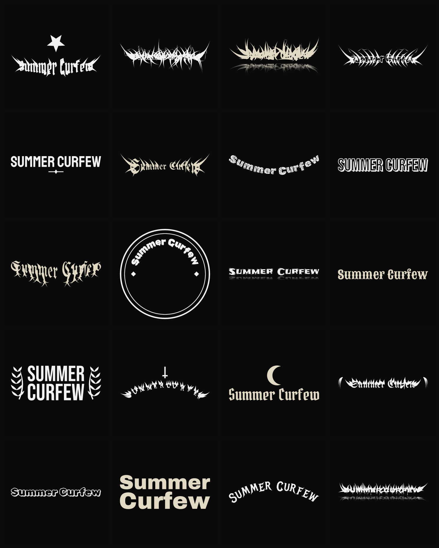 Twenty Summer Curfew band logo ideas — different faces, treatments and spike settings