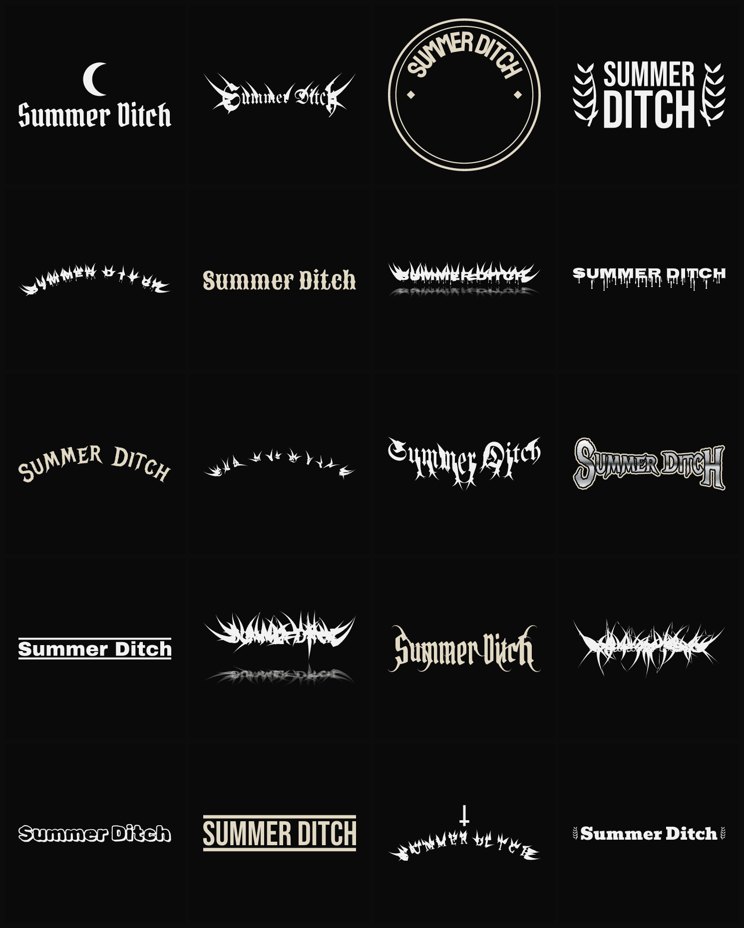 Twenty Summer Ditch band logo ideas — different faces, treatments and spike settings