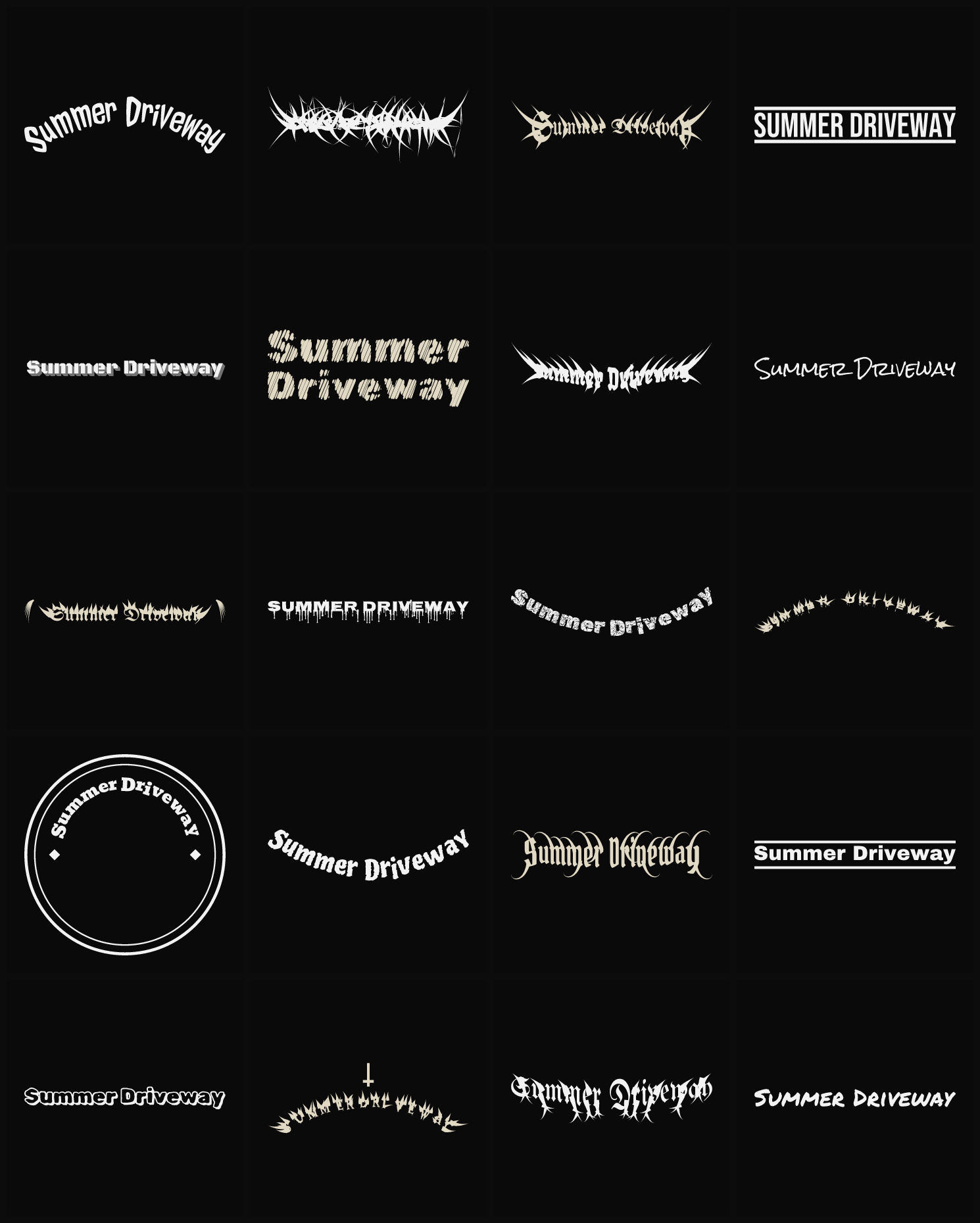 Twenty Summer Driveway band logo ideas — different faces, treatments and spike settings