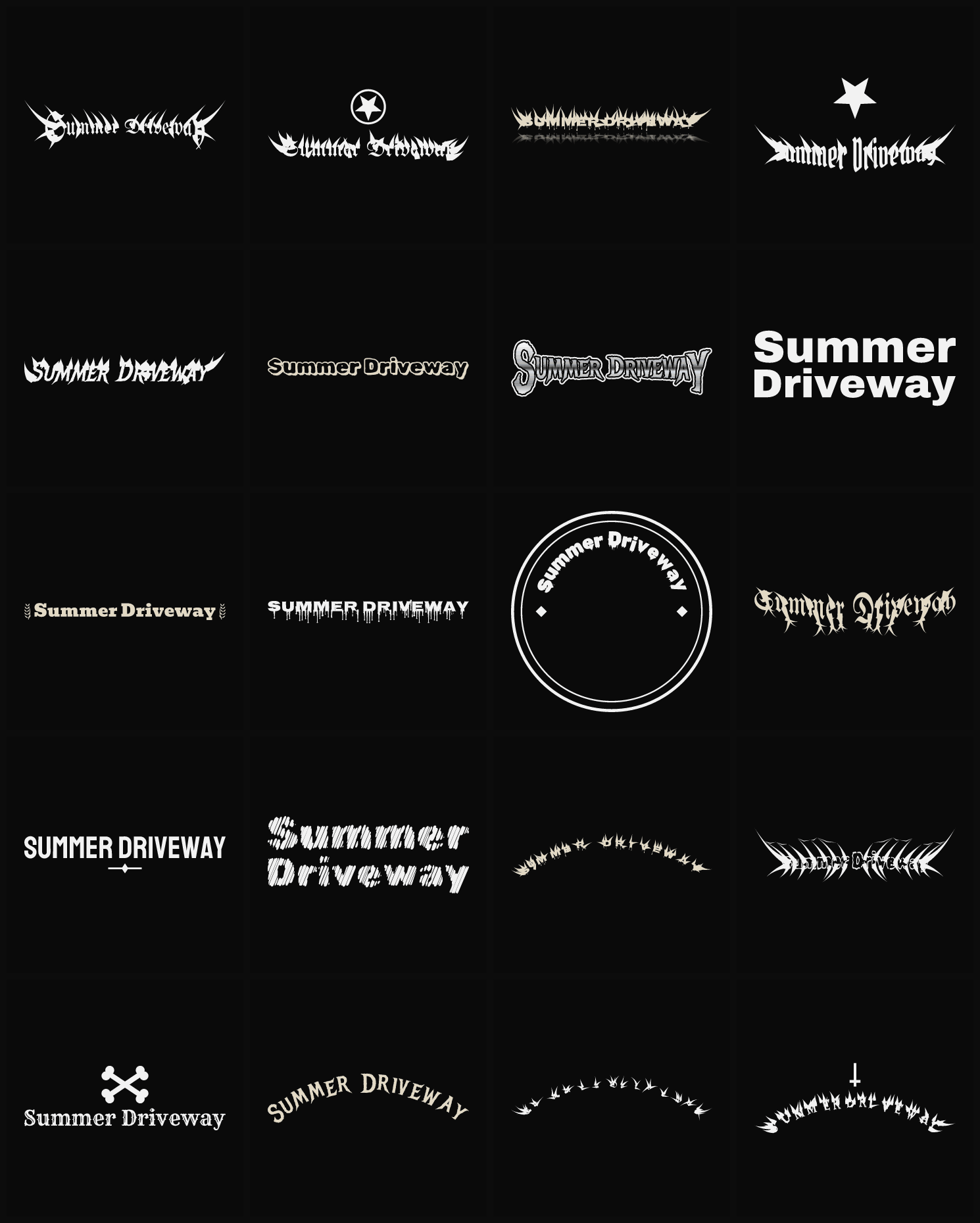 Twenty Summer Driveway band logo ideas — different faces, treatments and spike settings