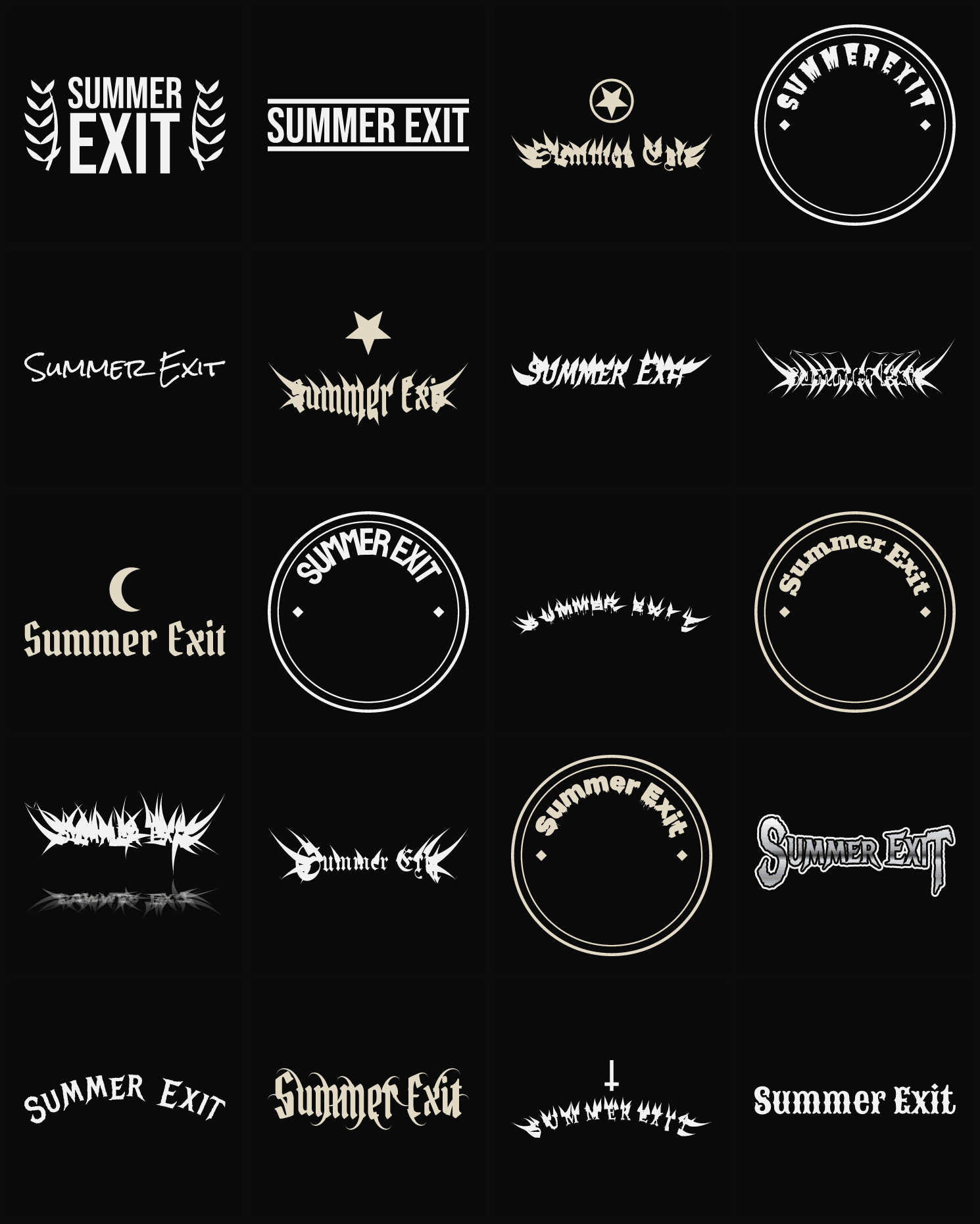 Twenty Summer Exit band logo ideas — different faces, treatments and spike settings