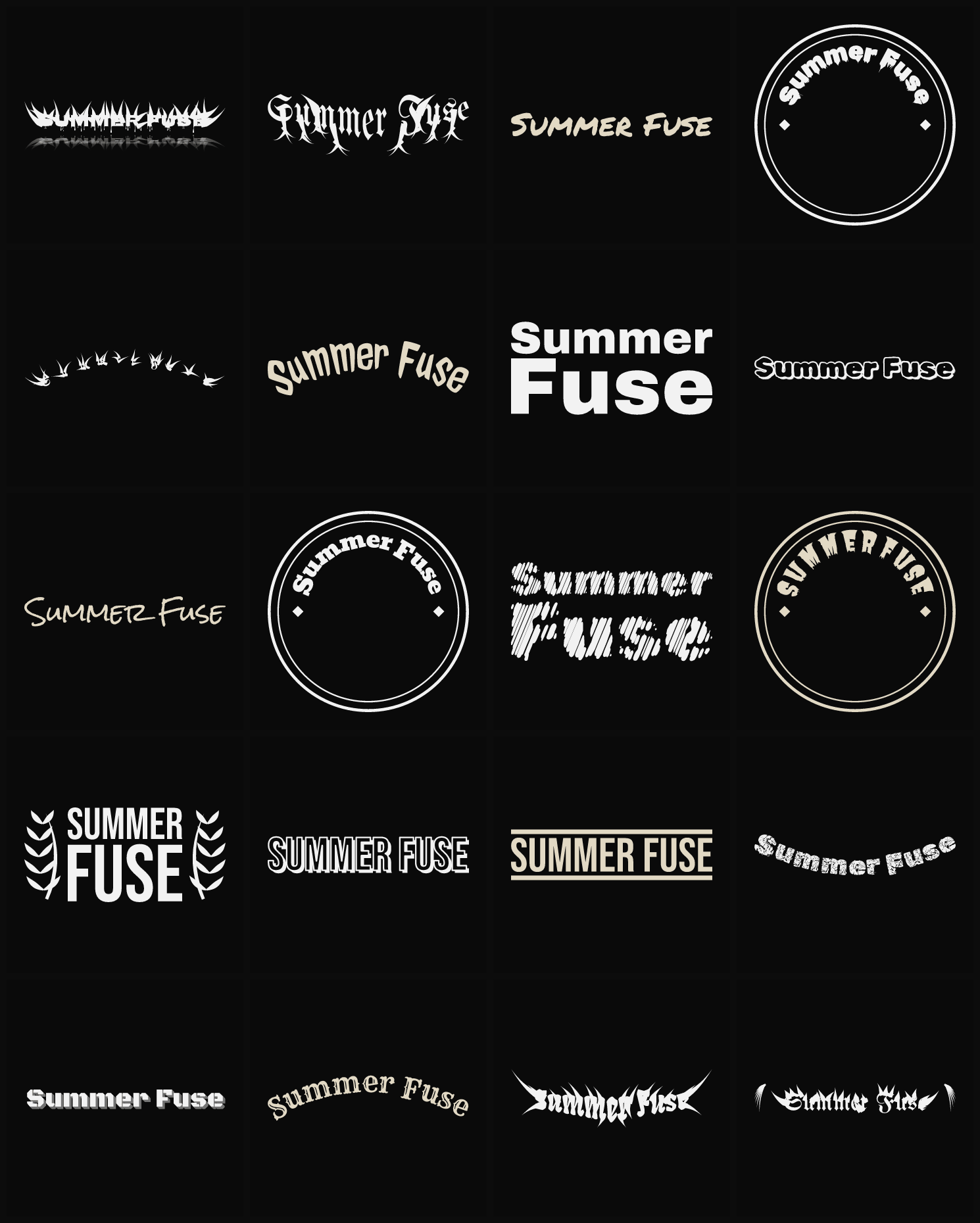 Twenty Summer Fuse band logo ideas — different faces, treatments and spike settings