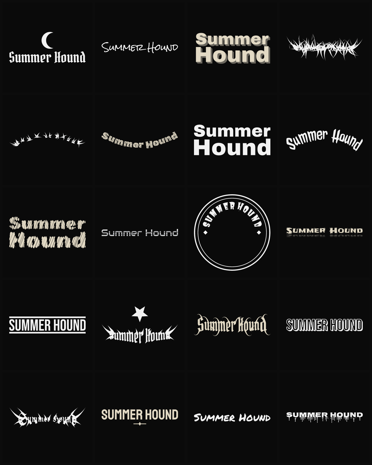Twenty Summer Hound band logo ideas — different faces, treatments and spike settings