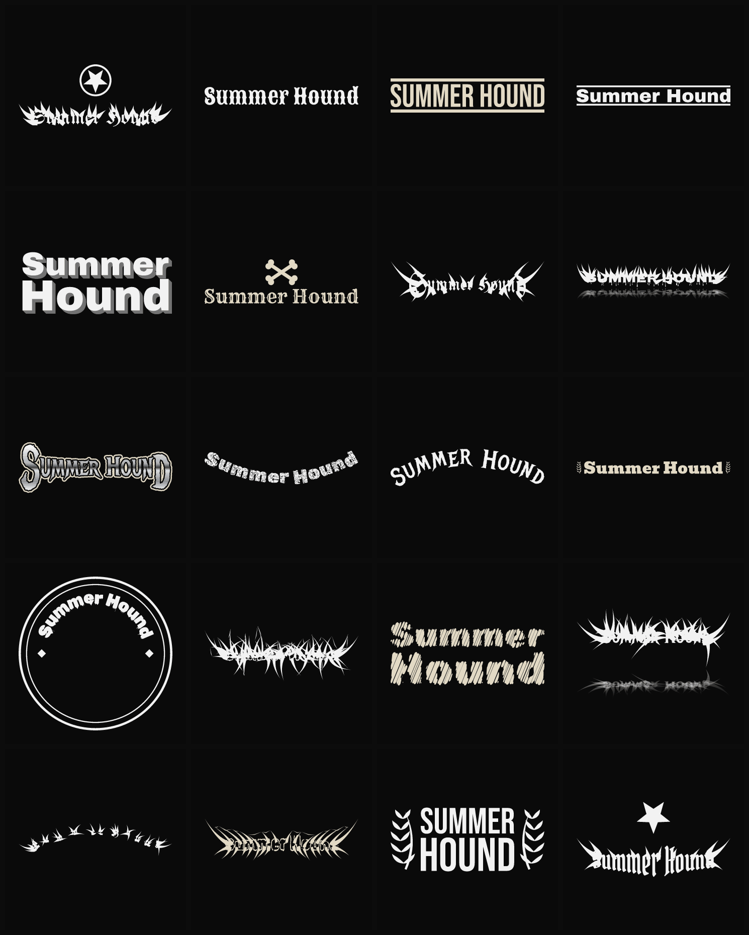 Twenty Summer Hound band logo ideas — different faces, treatments and spike settings