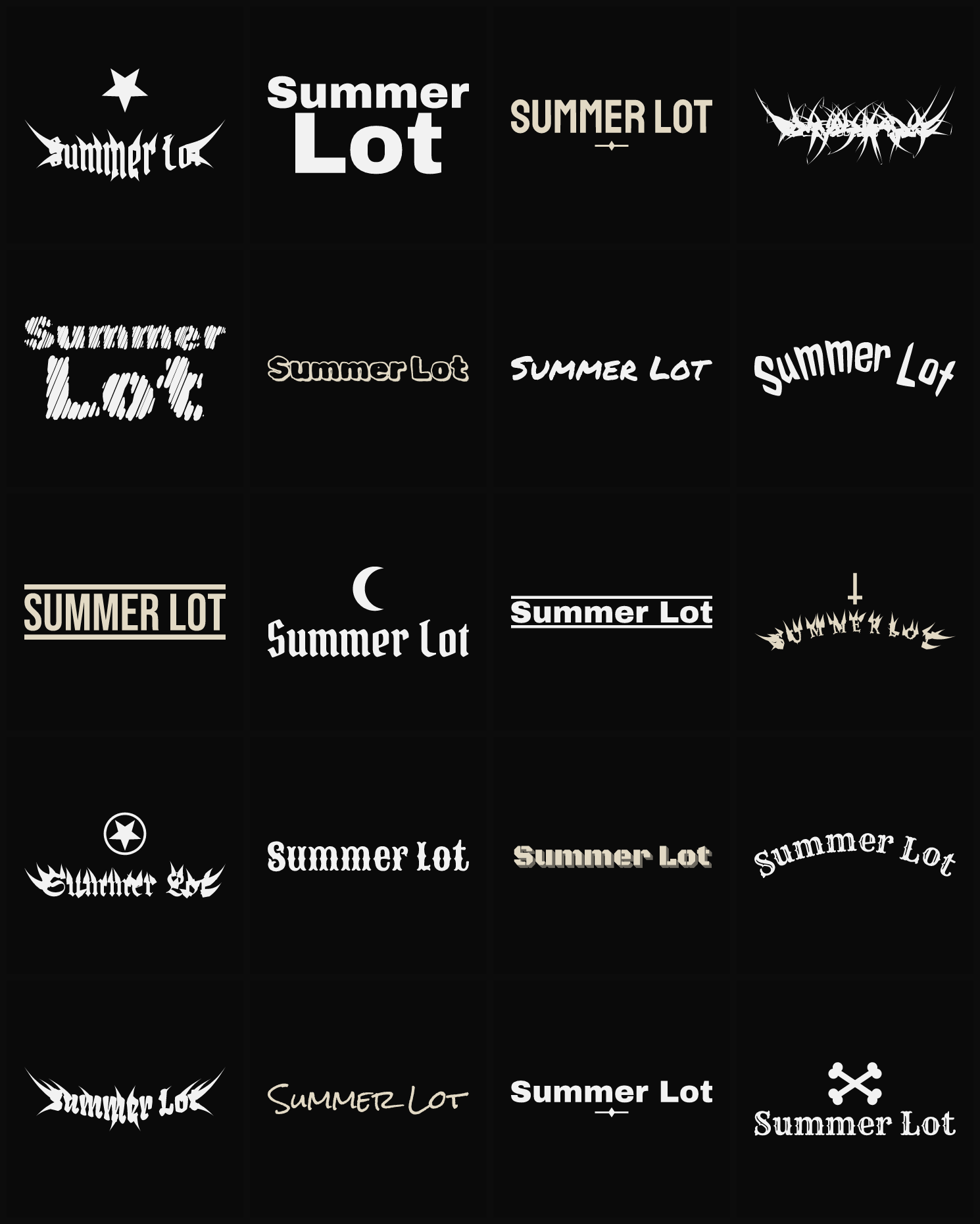 Twenty Summer Lot band logo ideas — different faces, treatments and spike settings