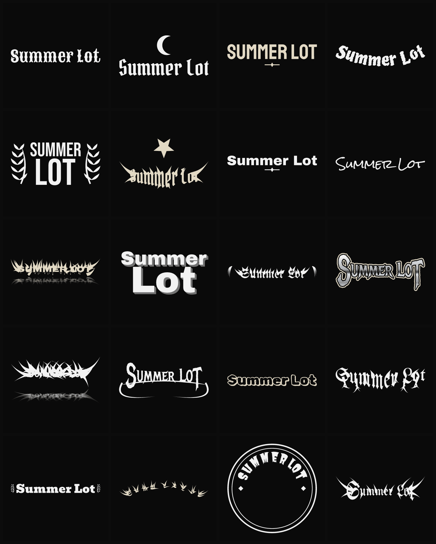 Twenty Summer Lot band logo ideas — different faces, treatments and spike settings