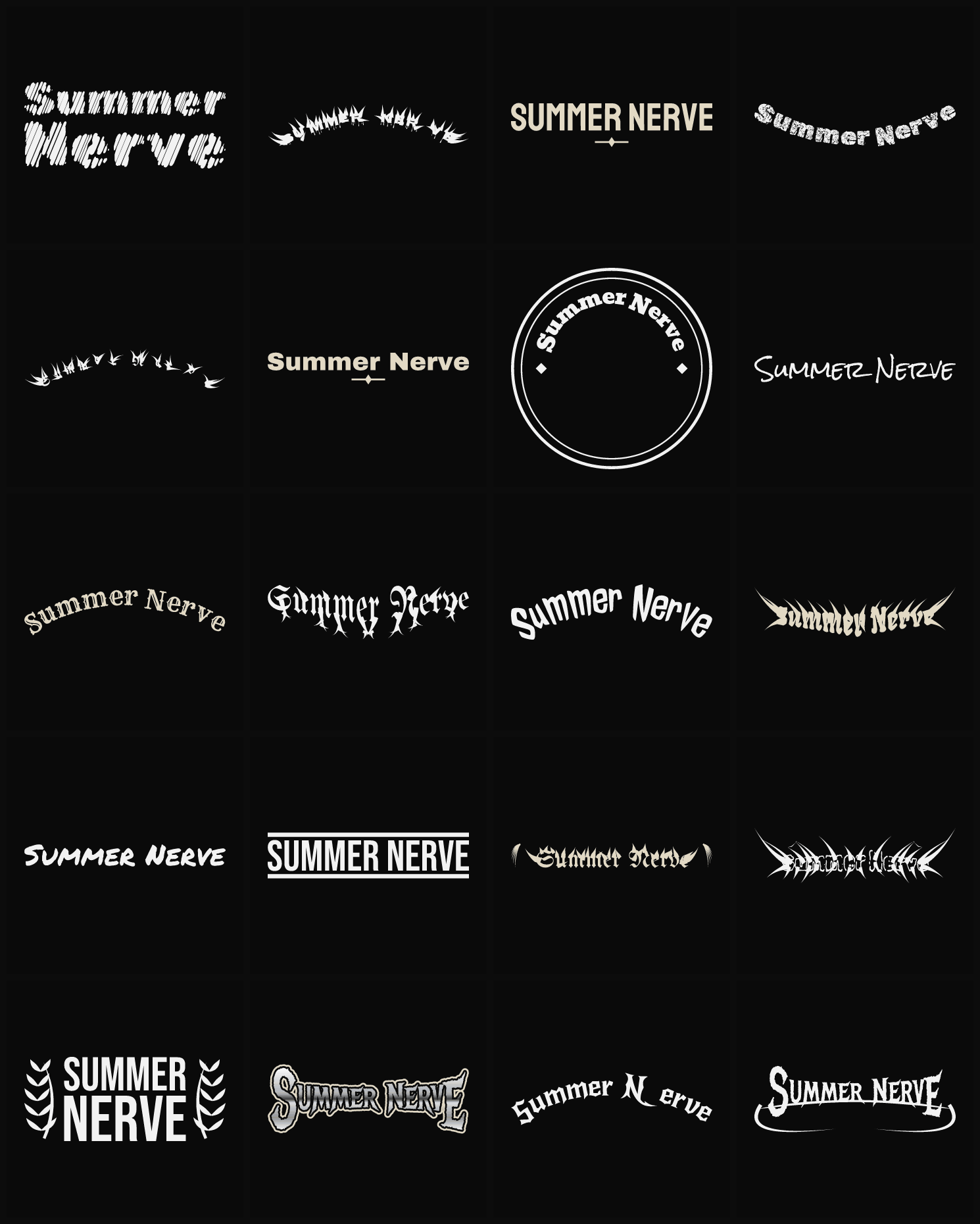 Twenty Summer Nerve band logo ideas — different faces, treatments and spike settings