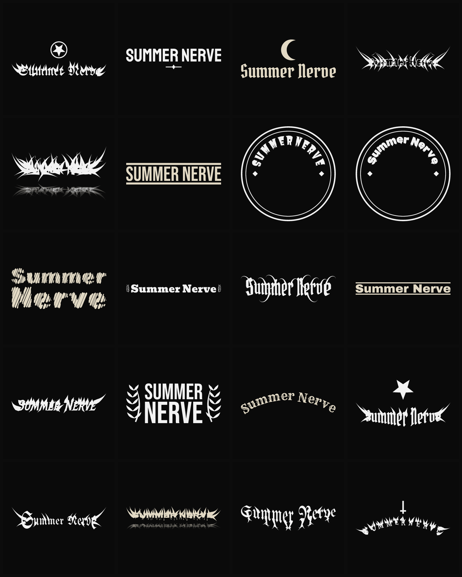 Twenty Summer Nerve band logo ideas — different faces, treatments and spike settings