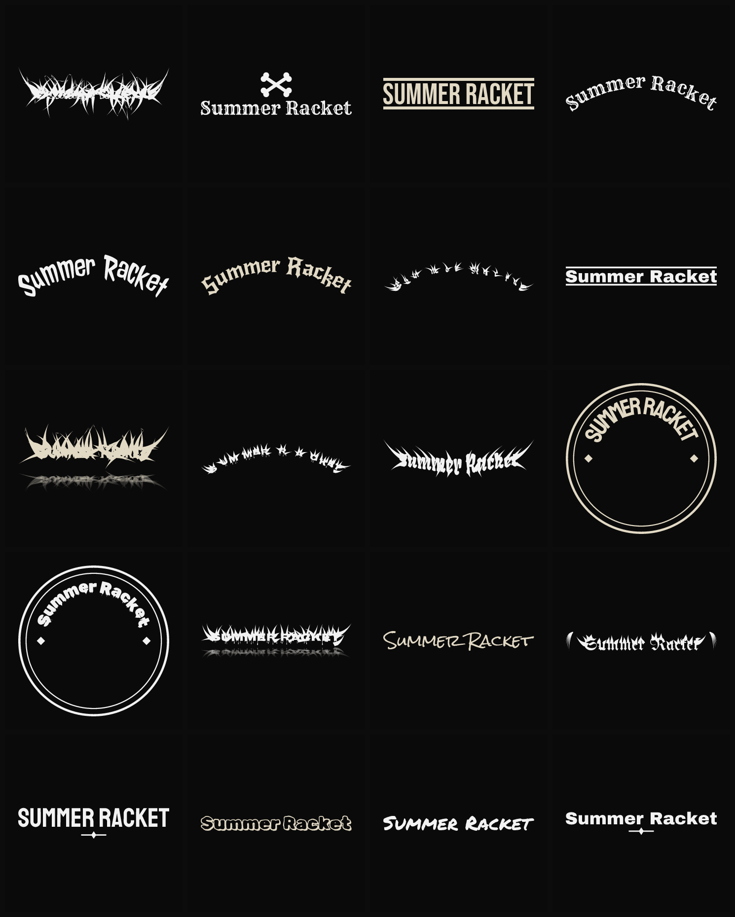 Twenty Summer Racket band logo ideas — different faces, treatments and spike settings