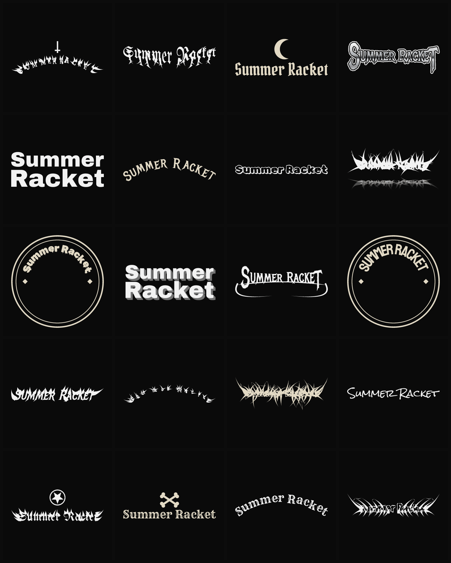 Twenty Summer Racket band logo ideas — different faces, treatments and spike settings