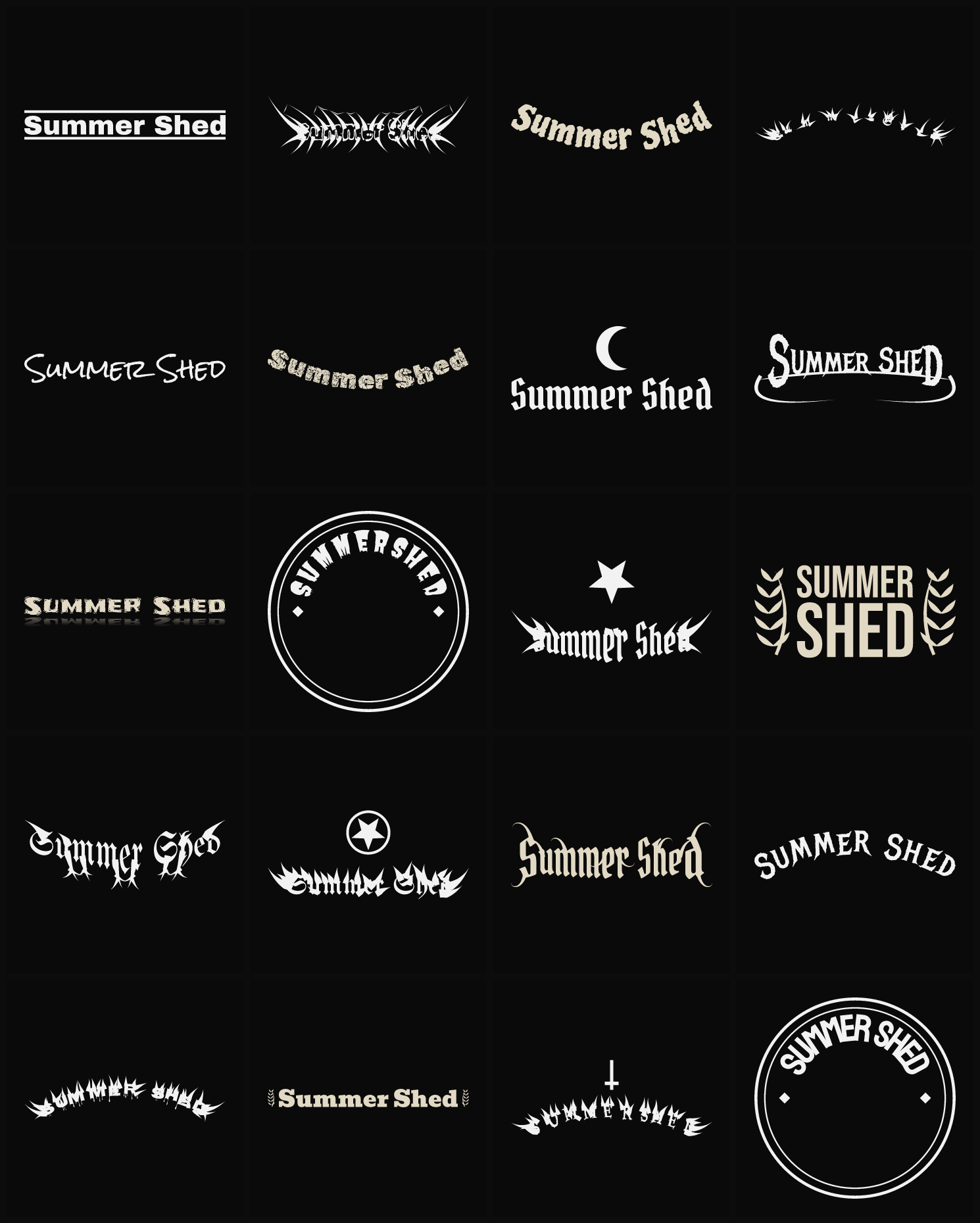 Twenty Summer Shed band logo ideas — different faces, treatments and spike settings