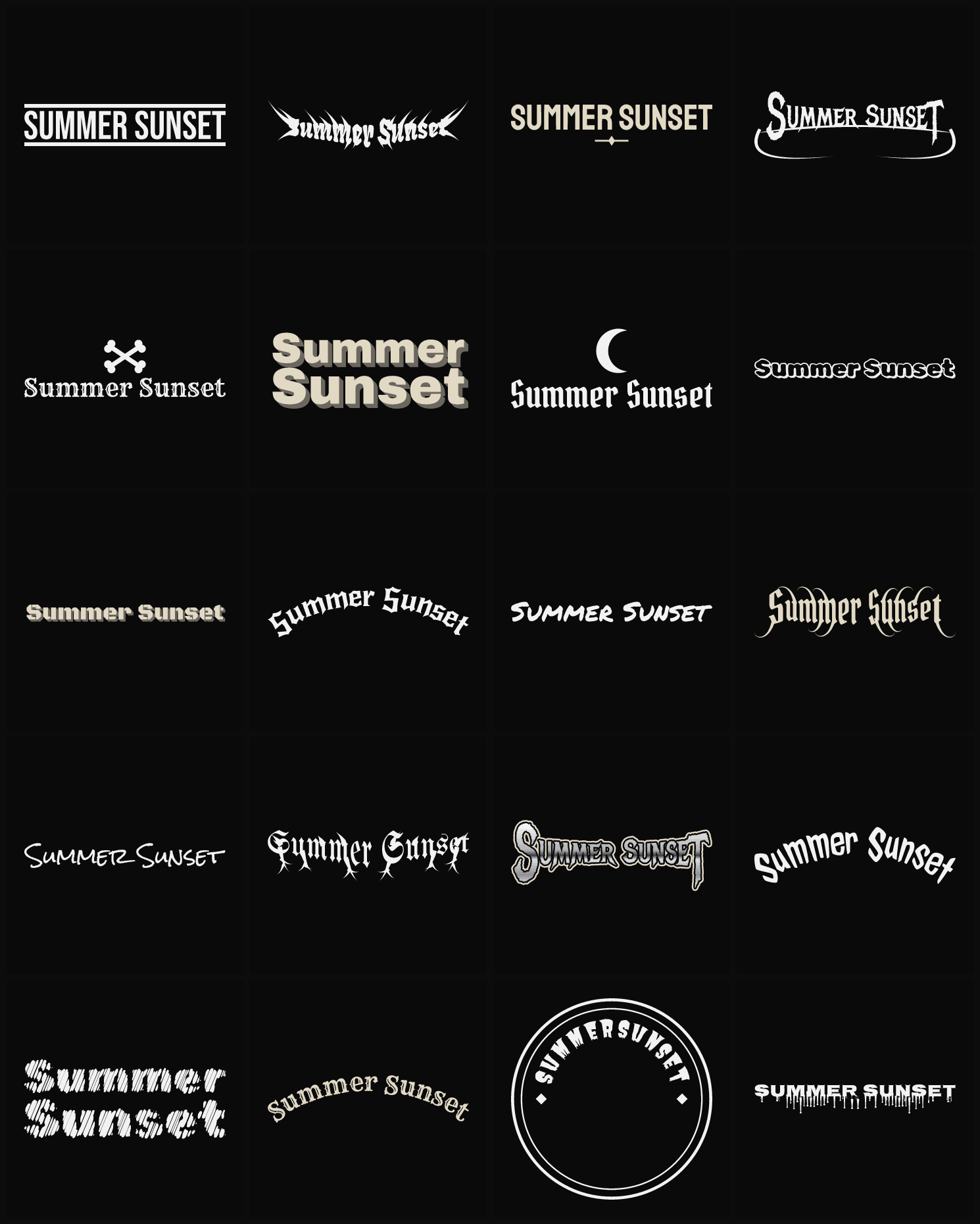 Twenty Summer Sunset band logo ideas — different faces, treatments and spike settings