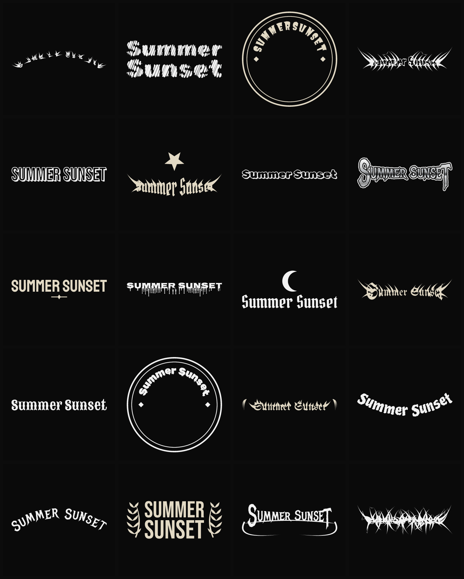 Twenty Summer Sunset band logo ideas — different faces, treatments and spike settings
