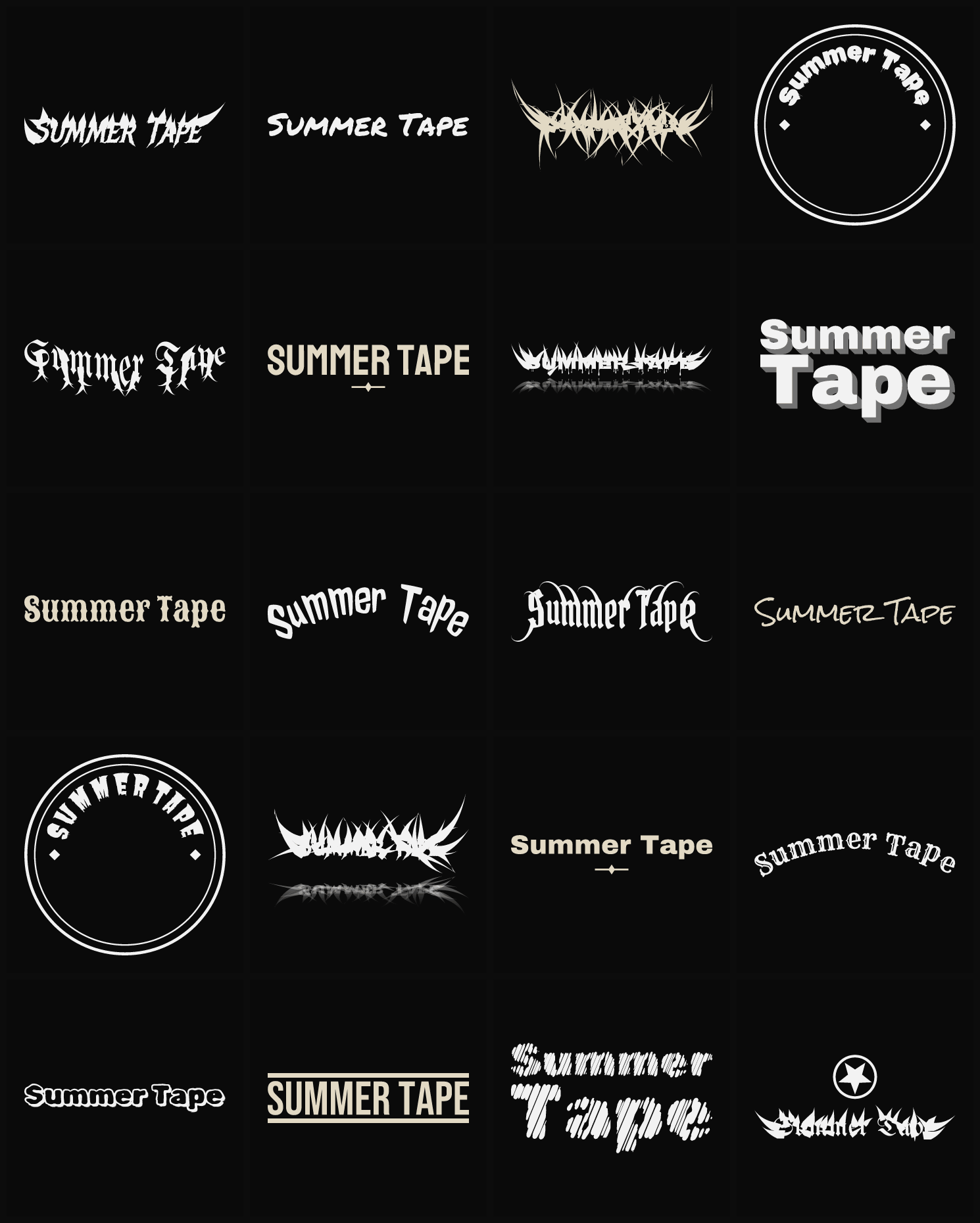 Twenty Summer Tape band logo ideas — different faces, treatments and spike settings