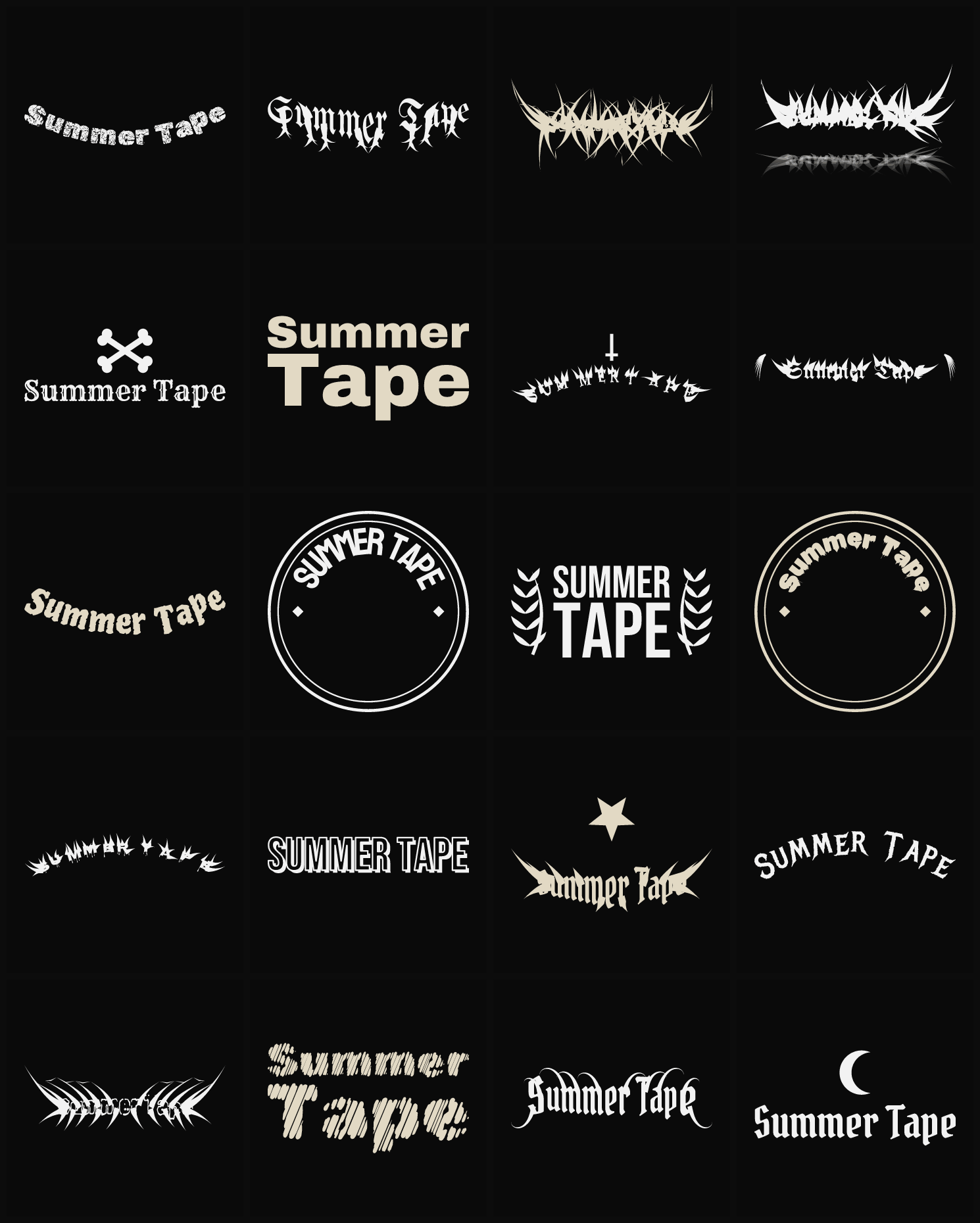 Twenty Summer Tape band logo ideas — different faces, treatments and spike settings