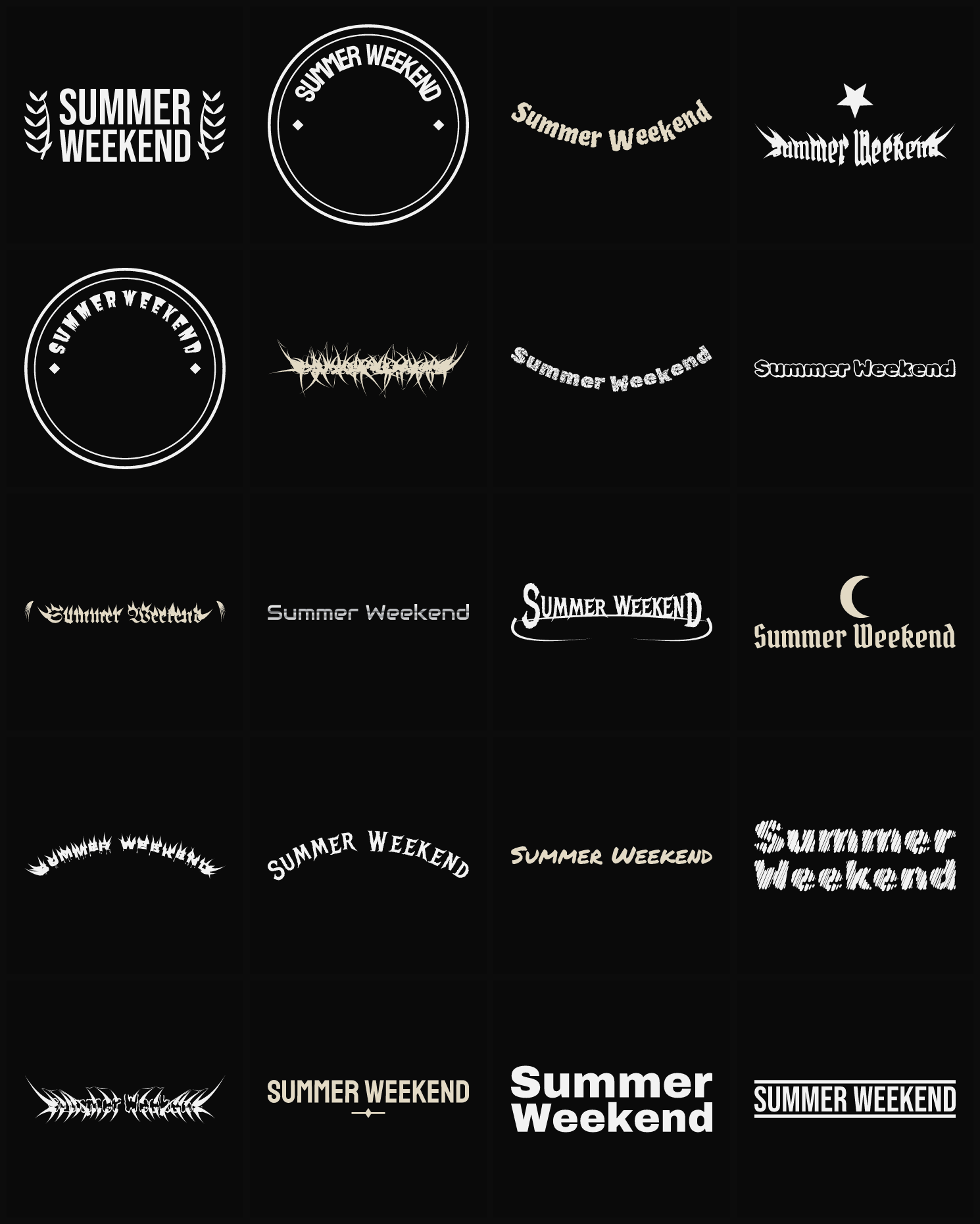 Twenty Summer Weekend band logo ideas — different faces, treatments and spike settings