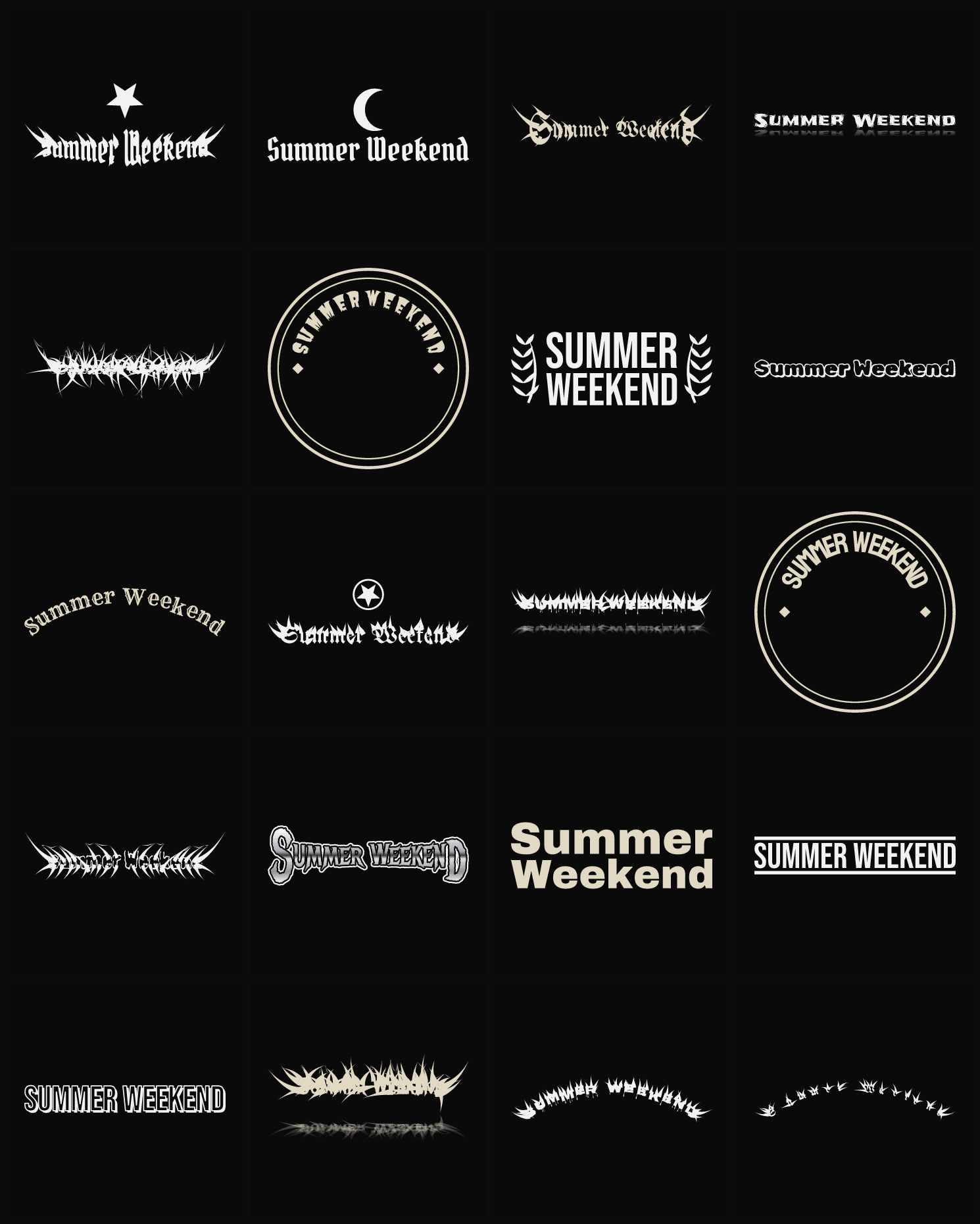 Twenty Summer Weekend band logo ideas — different faces, treatments and spike settings