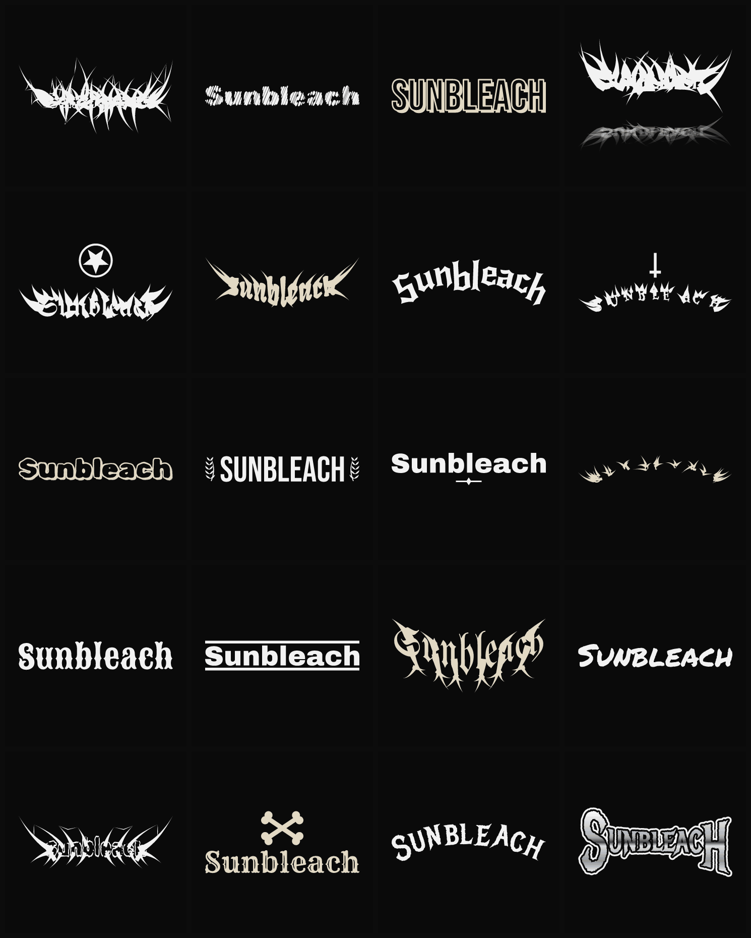 Twenty Sunbleach band logo ideas — different faces, treatments and spike settings
