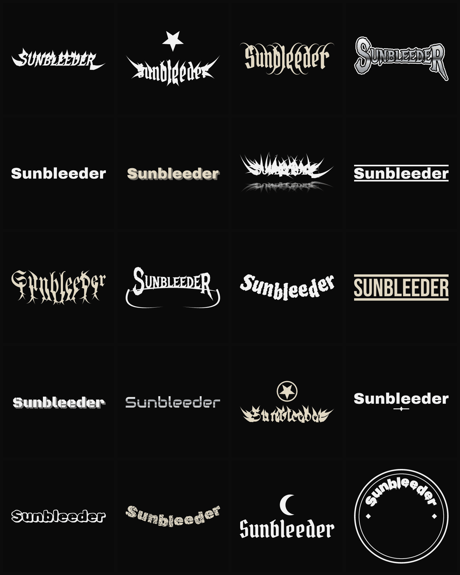 Twenty Sunbleeder band logo ideas — different faces, treatments and spike settings