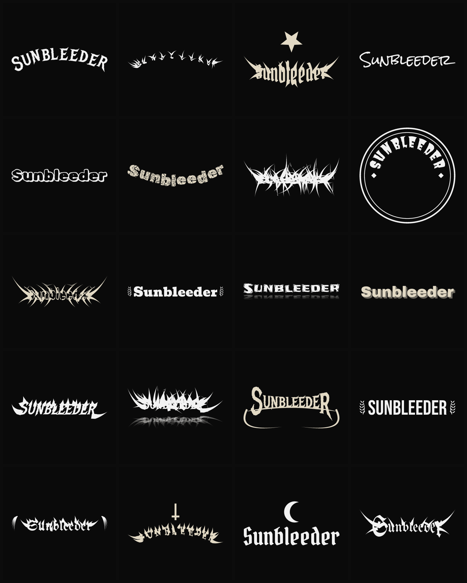 Twenty Sunbleeder band logo ideas — different faces, treatments and spike settings