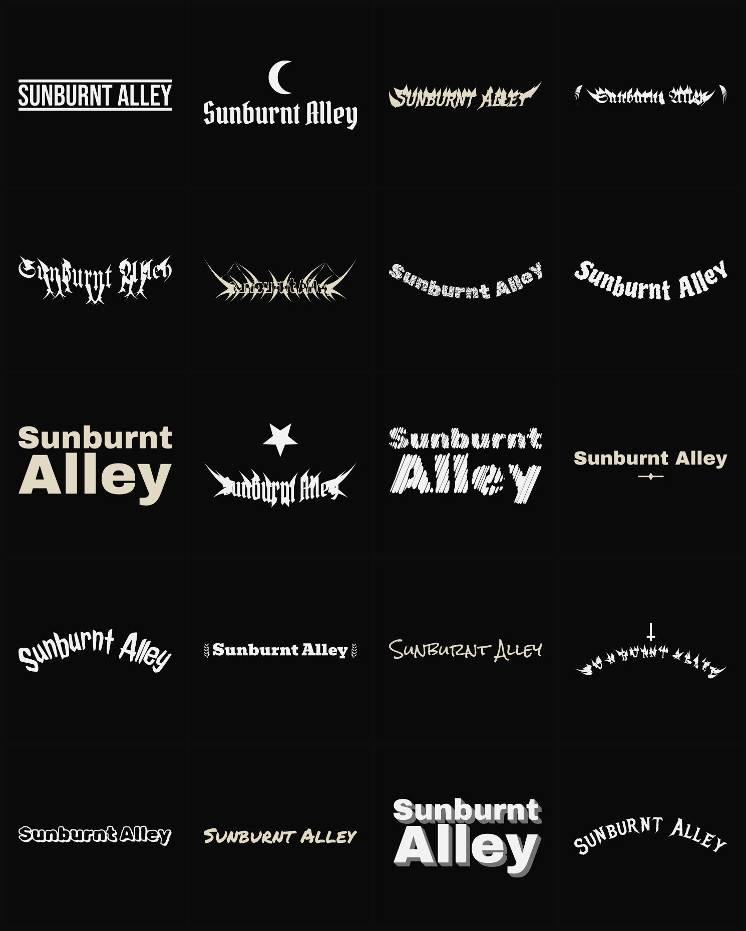 Twenty Sunburnt Alley band logo ideas — different faces, treatments and spike settings