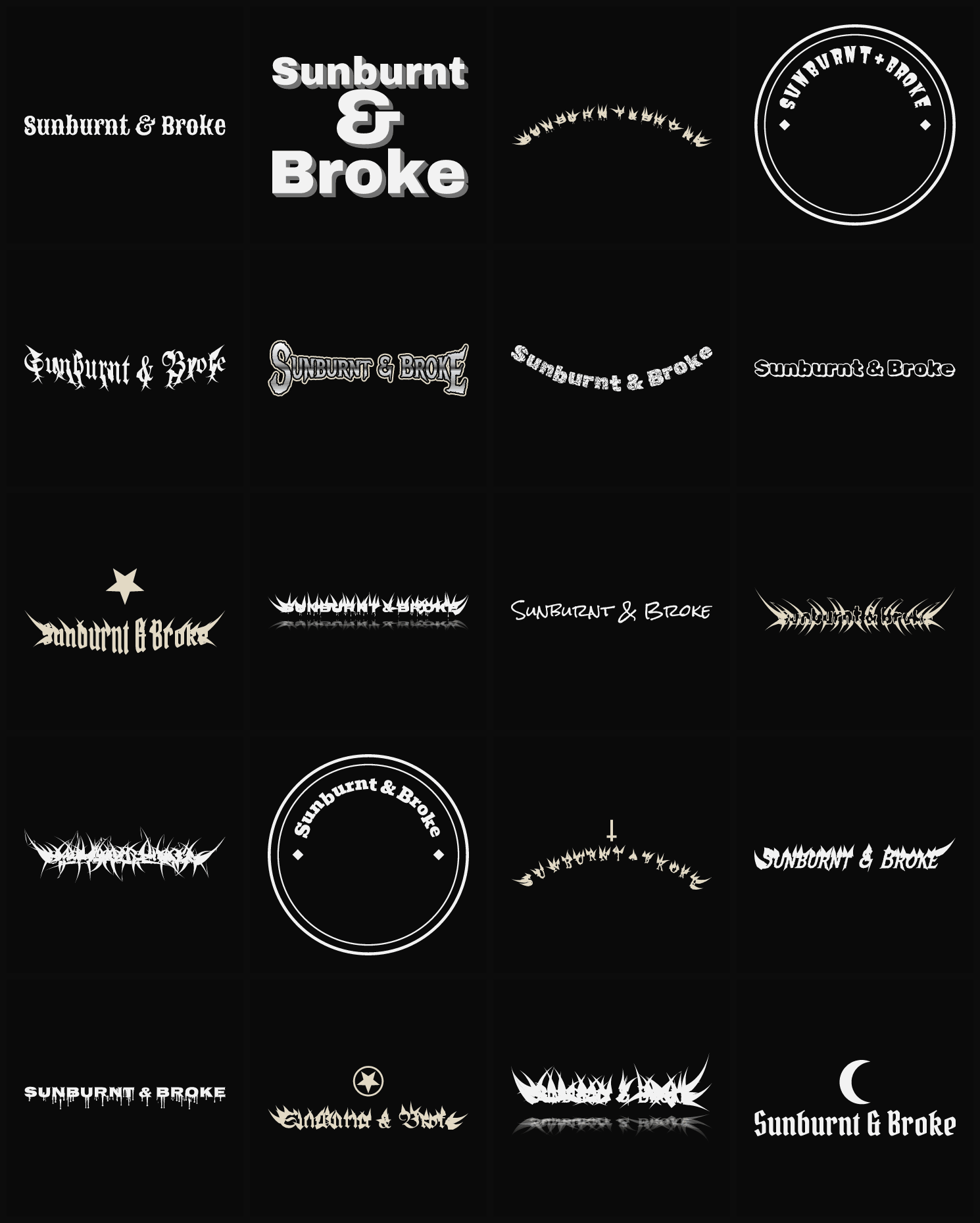 Twenty Sunburnt & Broke band logo ideas — different faces, treatments and spike settings
