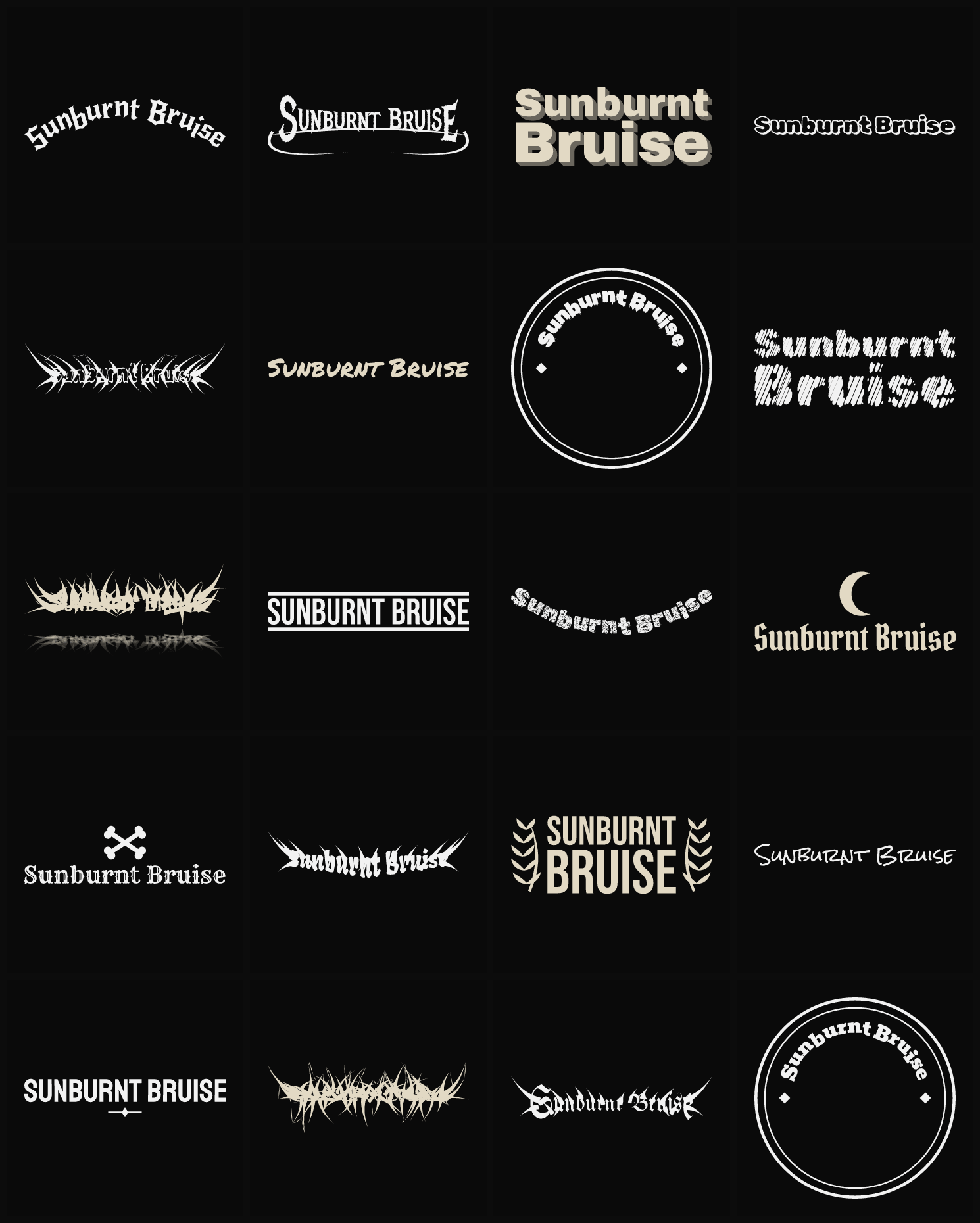 Twenty Sunburnt Bruise band logo ideas — different faces, treatments and spike settings