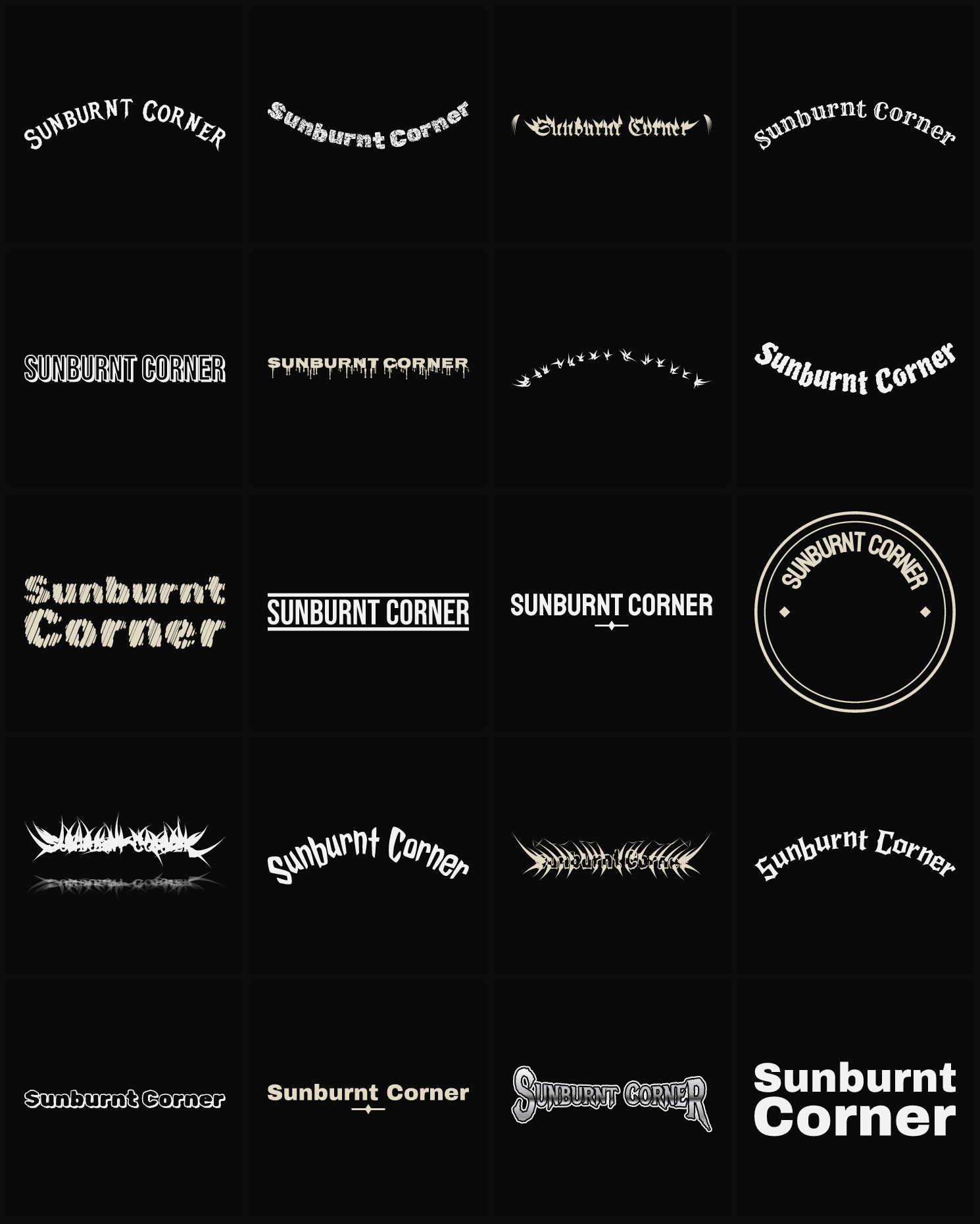 Twenty Sunburnt Corner band logo ideas — different faces, treatments and spike settings