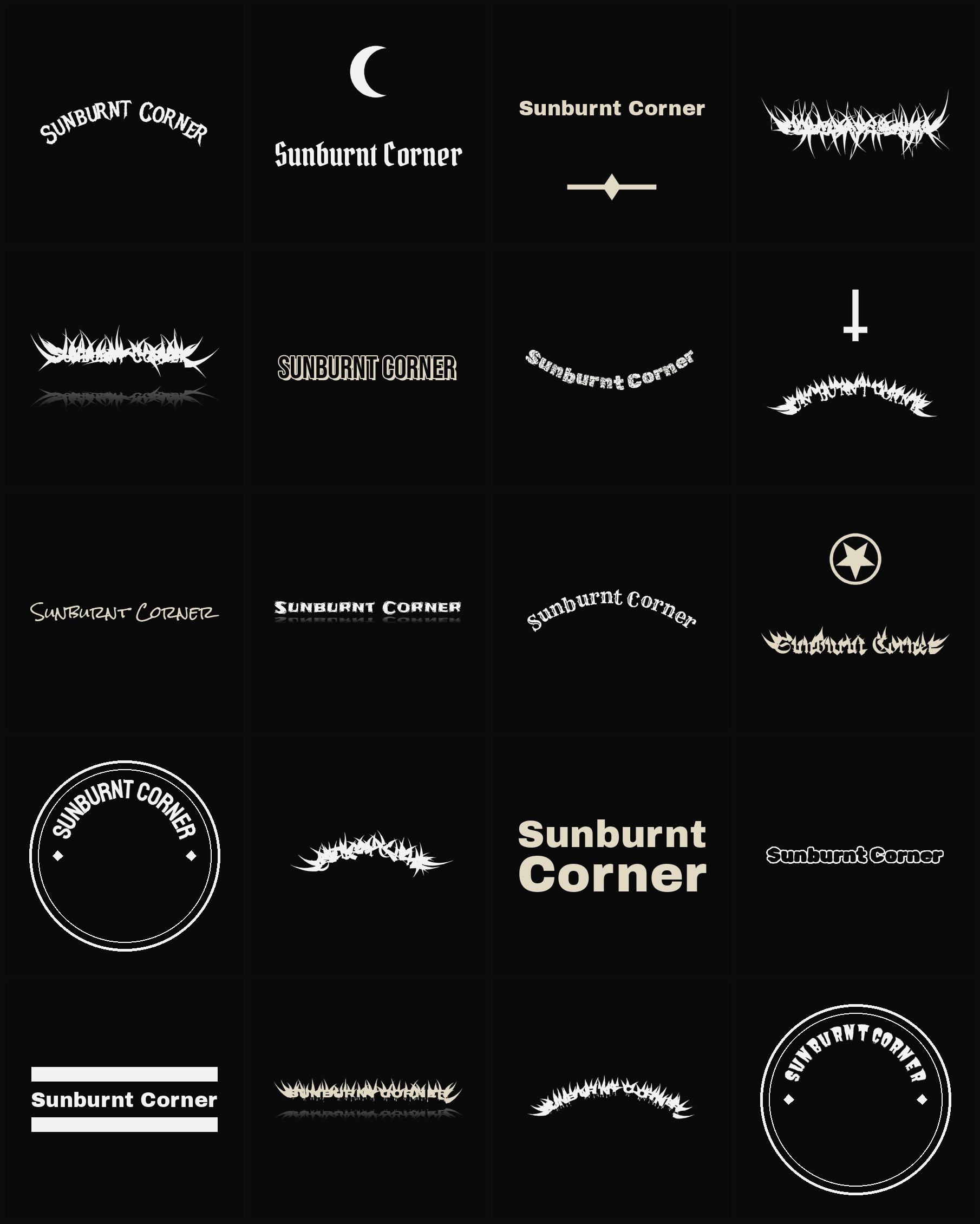Twenty Sunburnt Corner band logo ideas — different faces, treatments and spike settings
