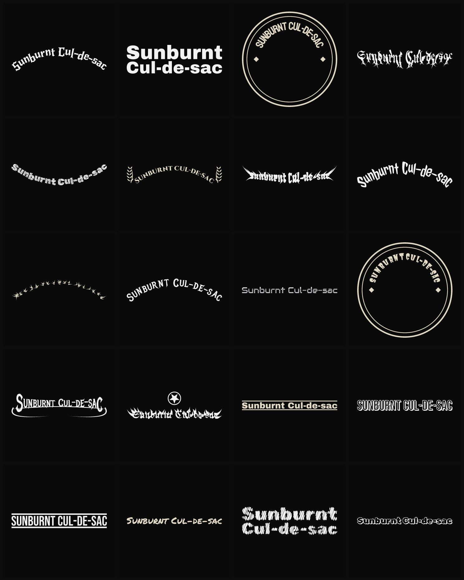 Twenty Sunburnt Cul-de-sac band logo ideas — different faces, treatments and spike settings