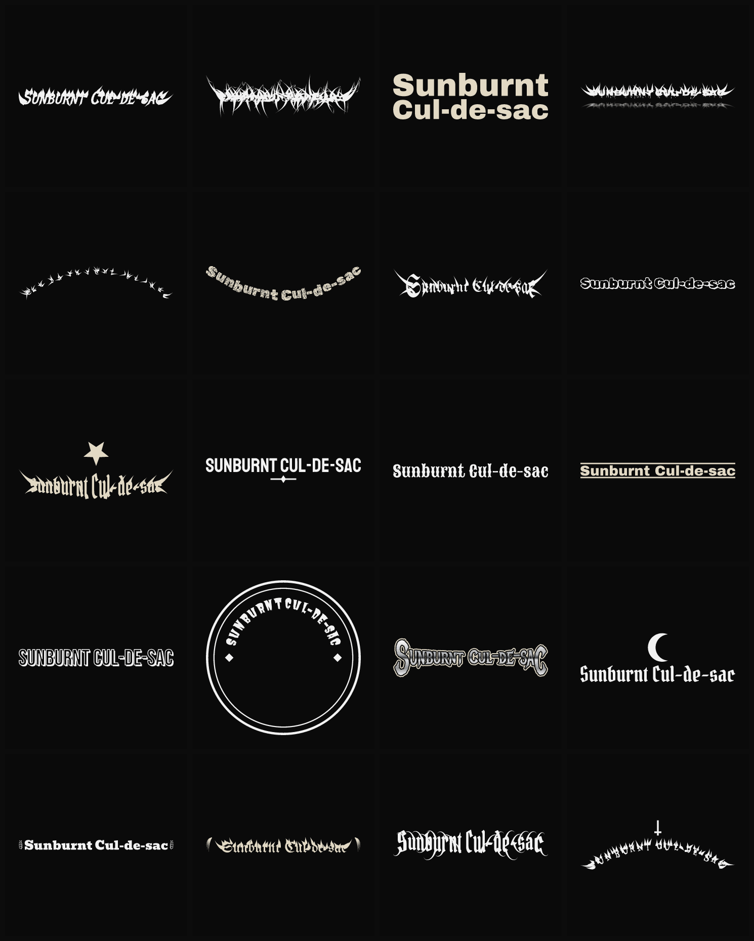 Twenty Sunburnt Cul-de-sac band logo ideas — different faces, treatments and spike settings