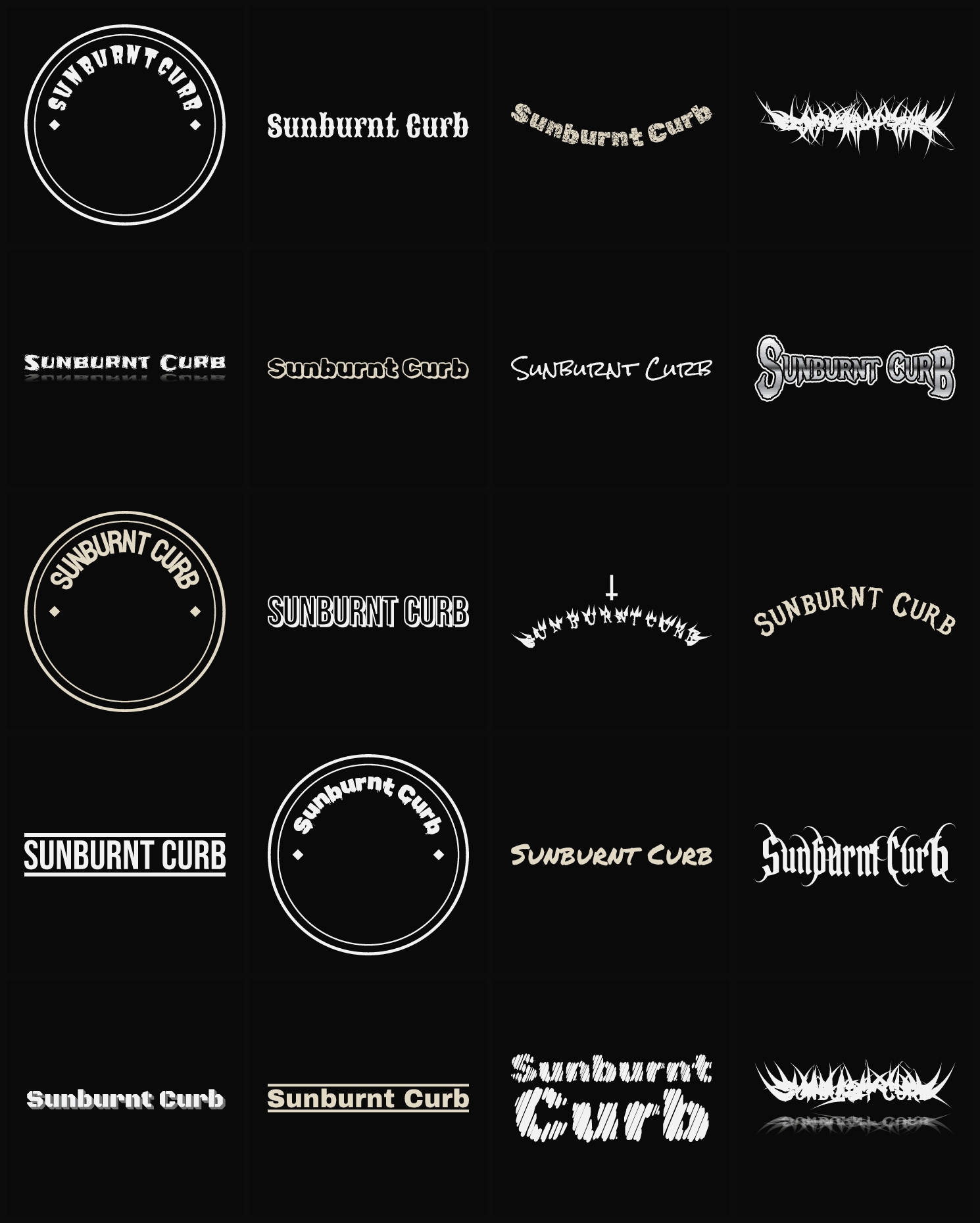 Twenty Sunburnt Curb band logo ideas — different faces, treatments and spike settings