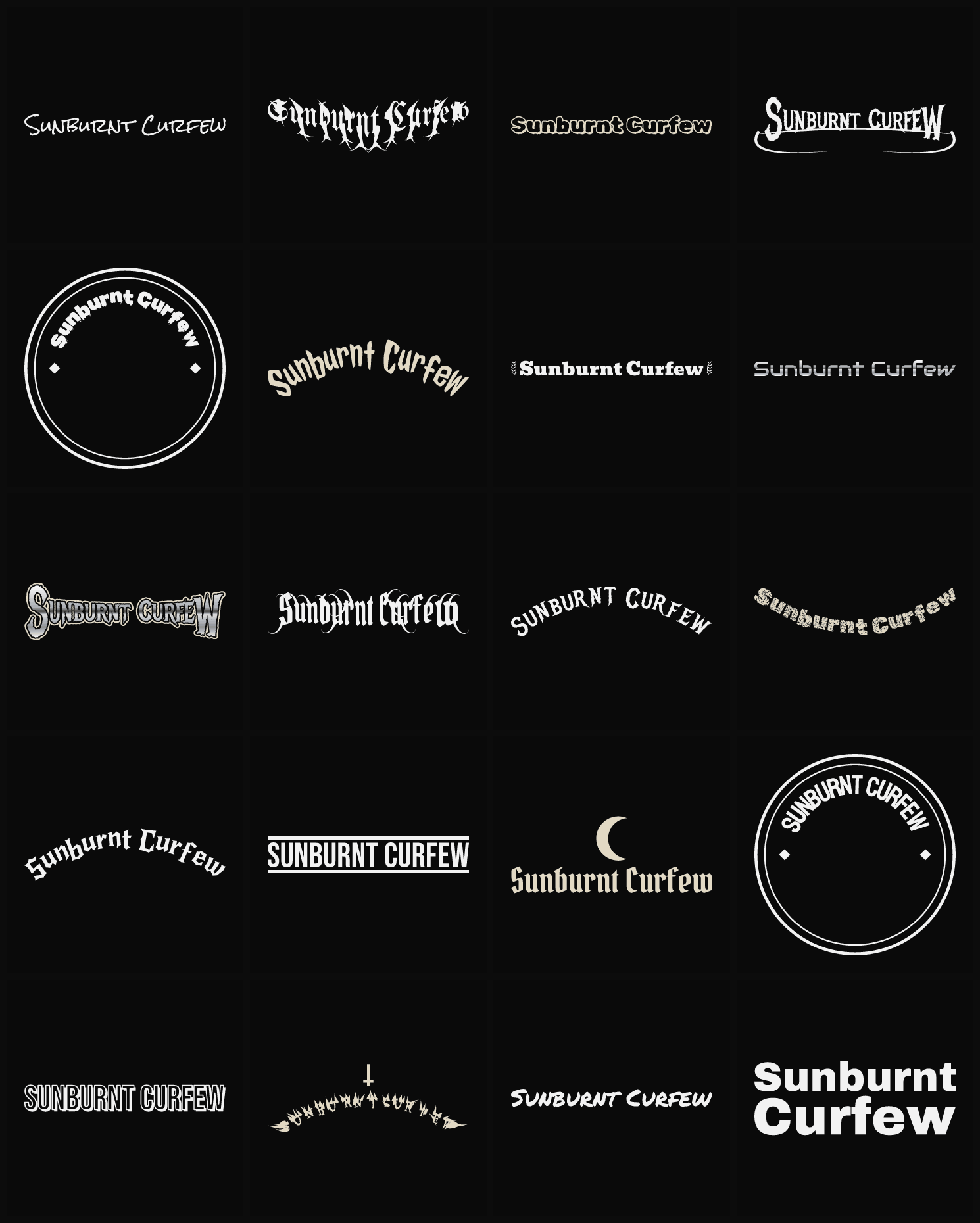 Twenty Sunburnt Curfew band logo ideas — different faces, treatments and spike settings