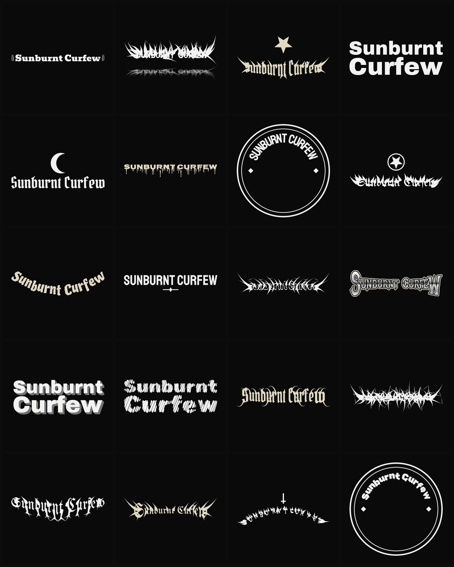 Twenty Sunburnt Curfew band logo ideas — different faces, treatments and spike settings