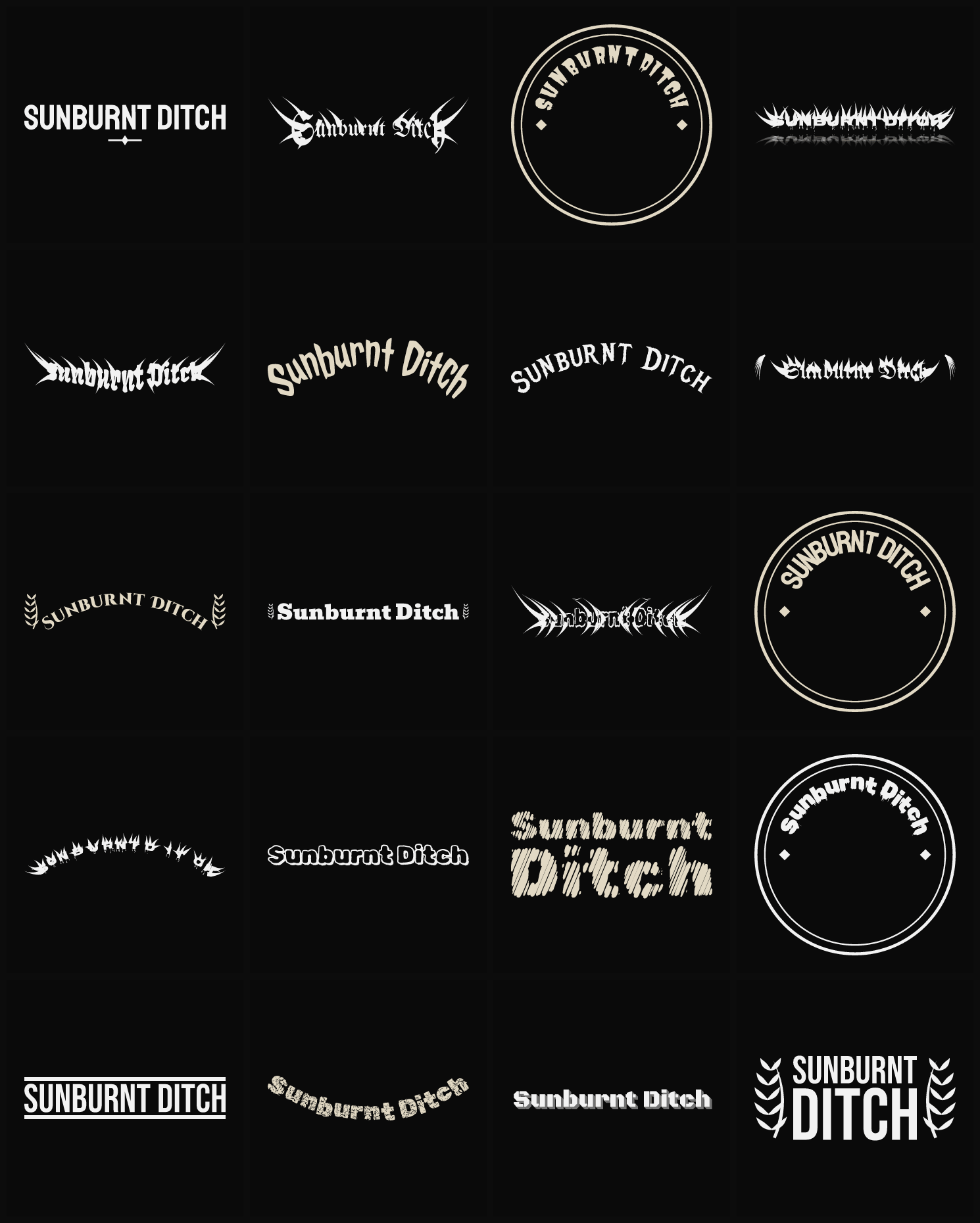 Twenty Sunburnt Ditch band logo ideas — different faces, treatments and spike settings