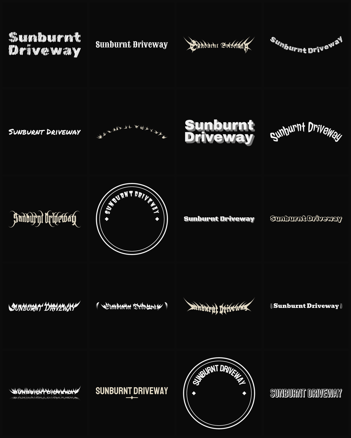 Twenty Sunburnt Driveway band logo ideas — different faces, treatments and spike settings