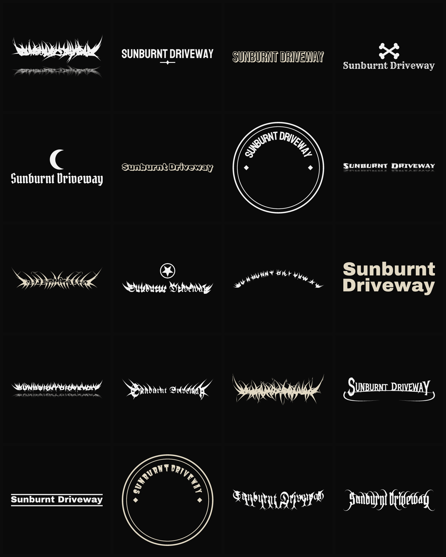 Twenty Sunburnt Driveway band logo ideas — different faces, treatments and spike settings