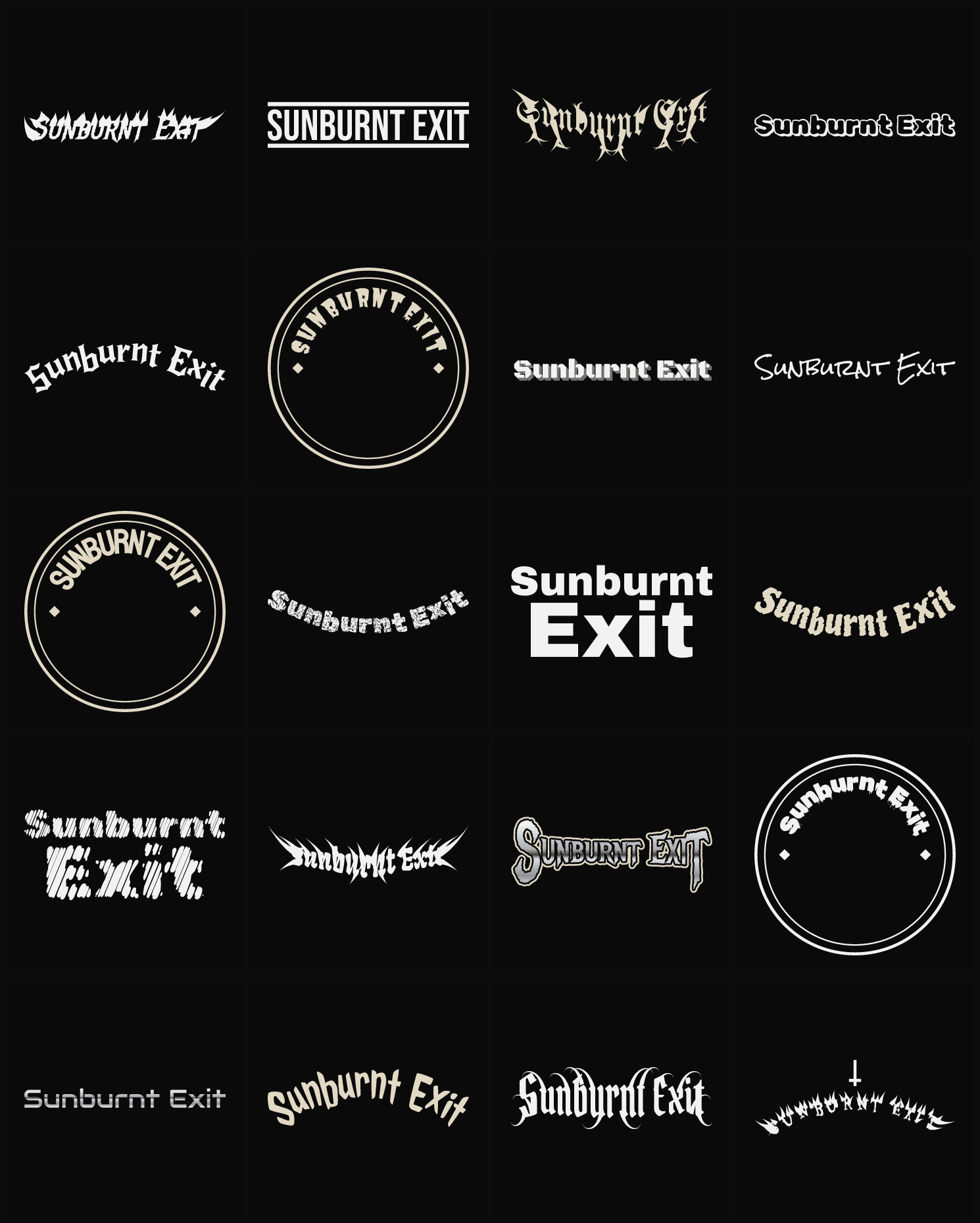Twenty Sunburnt Exit band logo ideas — different faces, treatments and spike settings