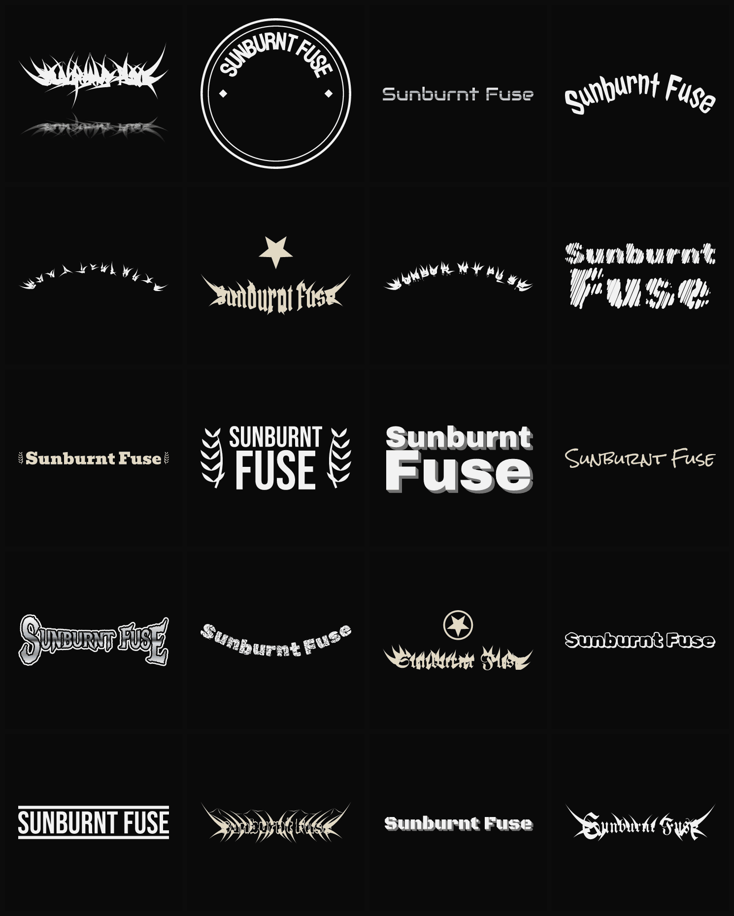 Twenty Sunburnt Fuse band logo ideas — different faces, treatments and spike settings