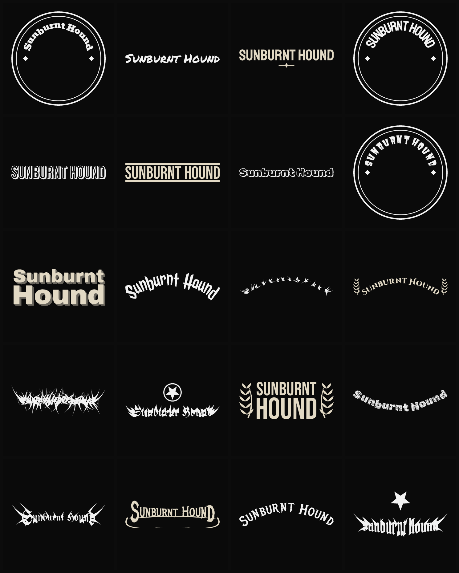 Twenty Sunburnt Hound band logo ideas — different faces, treatments and spike settings