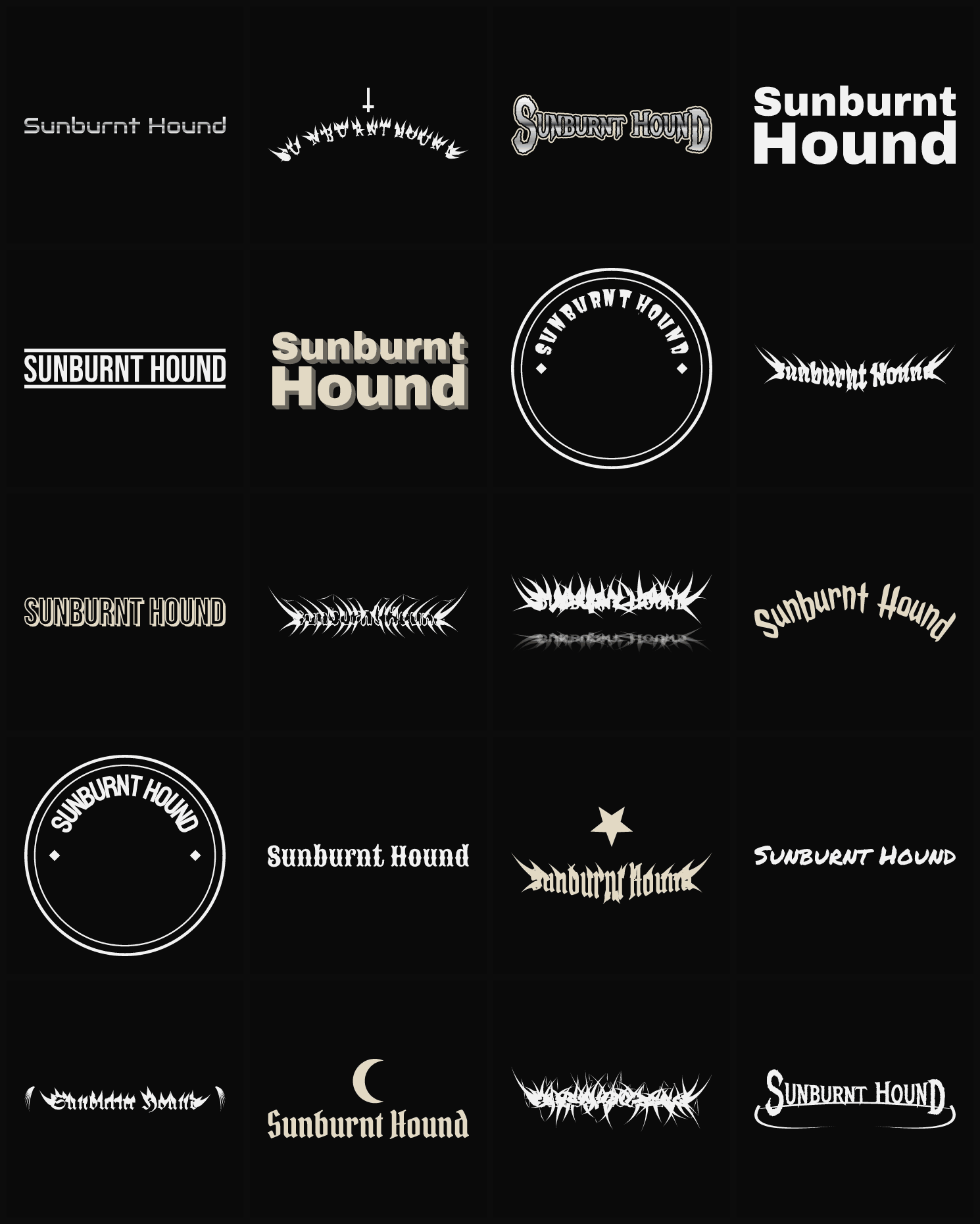 Twenty Sunburnt Hound band logo ideas — different faces, treatments and spike settings