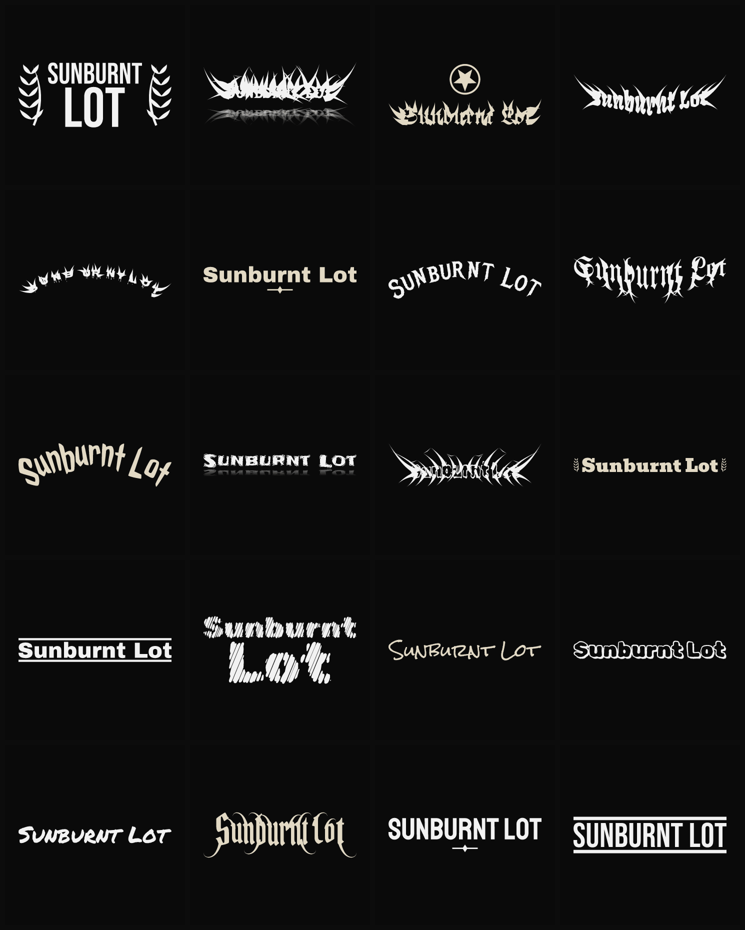 Twenty Sunburnt Lot band logo ideas — different faces, treatments and spike settings