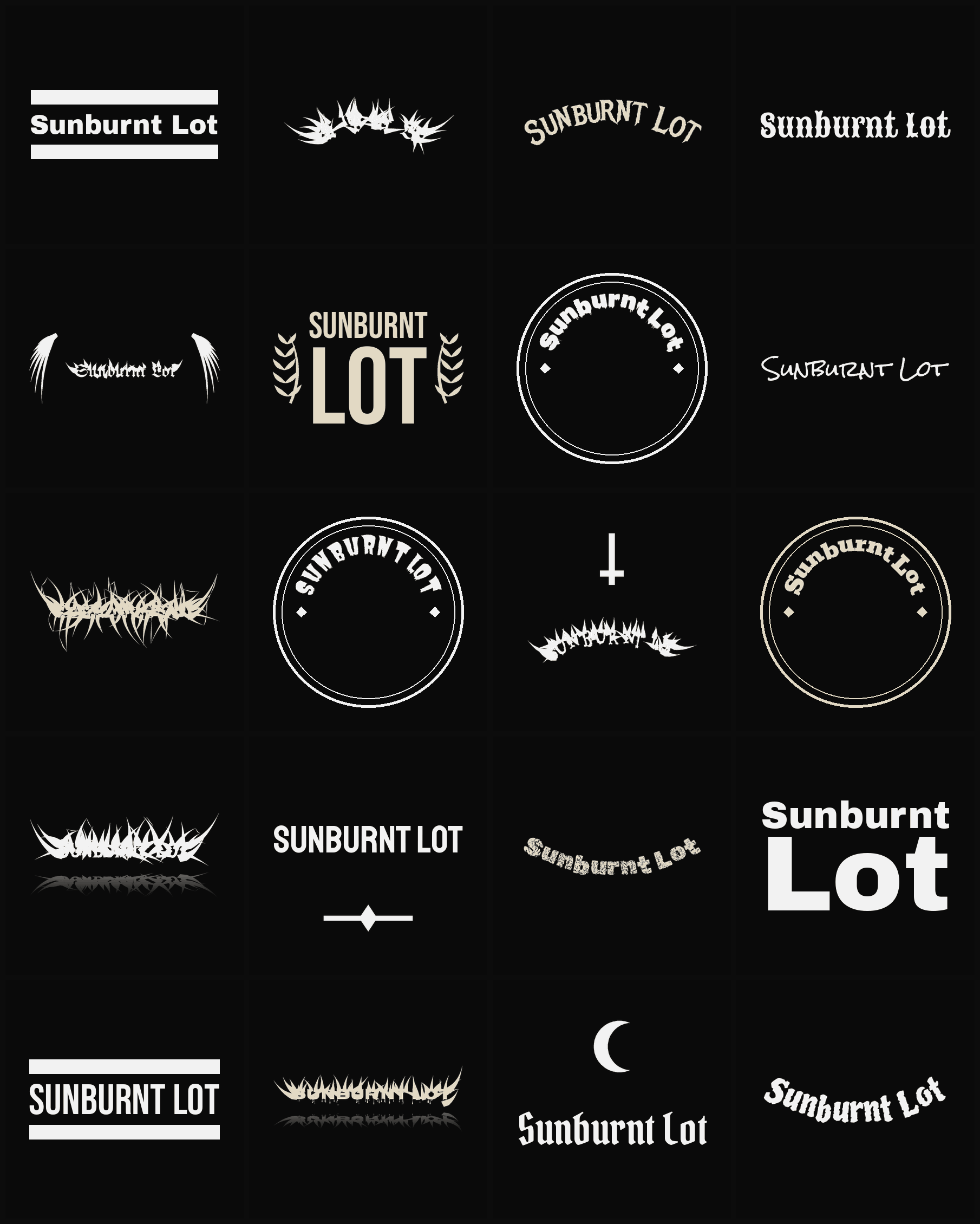 Twenty Sunburnt Lot band logo ideas — different faces, treatments and spike settings